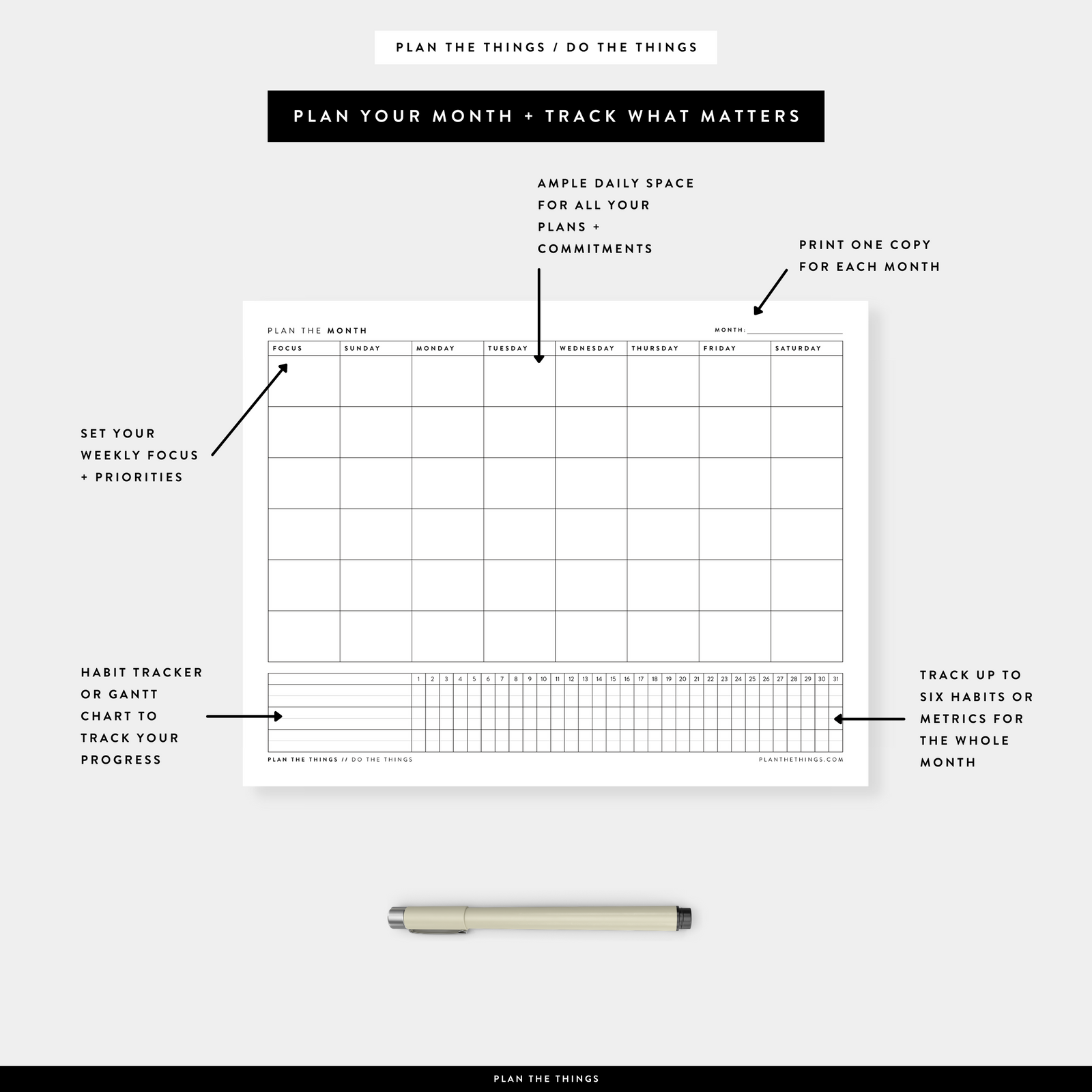 Monthly Calendar with Tracker - Undated Printable Planner Inserts (A4 + US Letter)