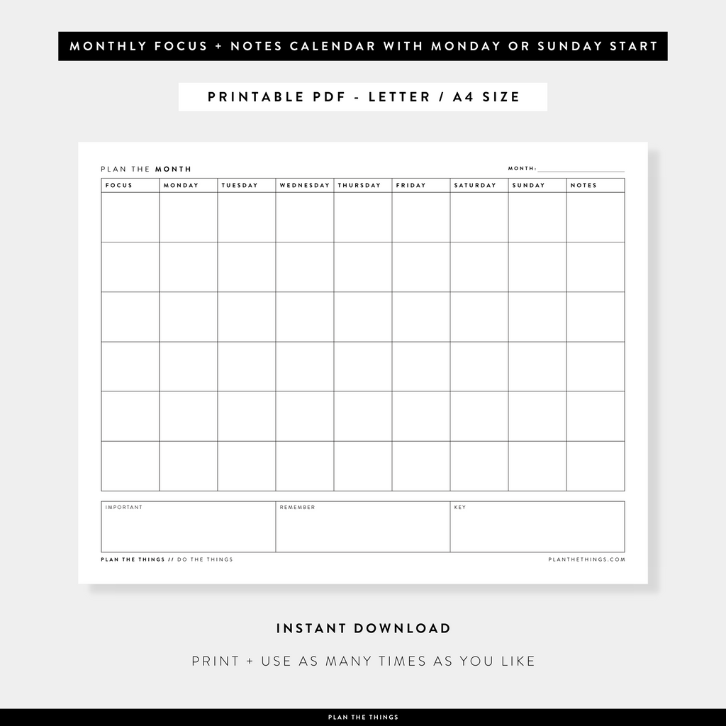 Monthly Focus + Notes - Undated Printable Planner Inserts (A4 + US Let - Plan The Things monthly-focus-notes-undated-printable-planner-inserts-a4-us-let-plan-the-things