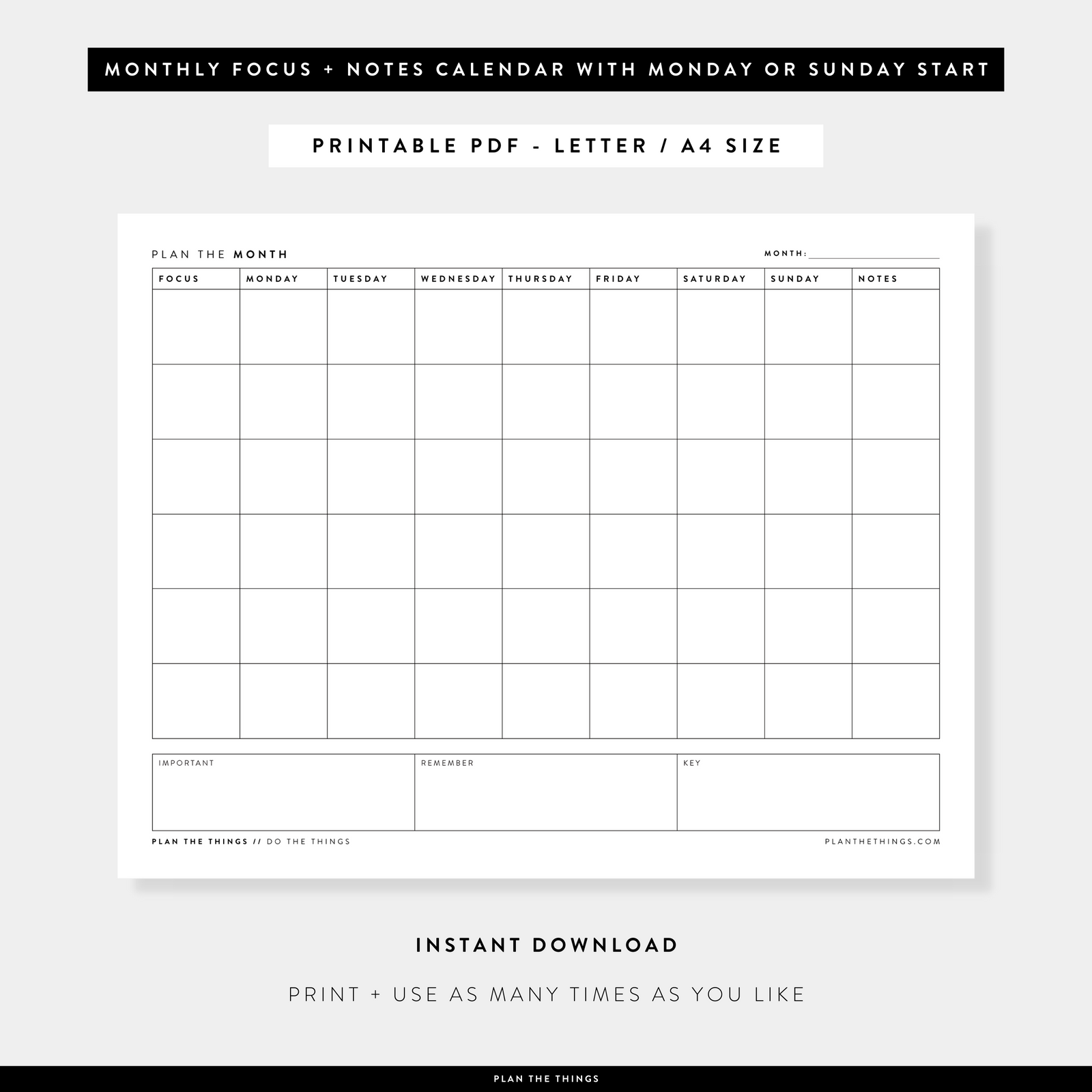 Monthly Focus + Notes - Undated Printable Planner Inserts (A4 + US Letter)