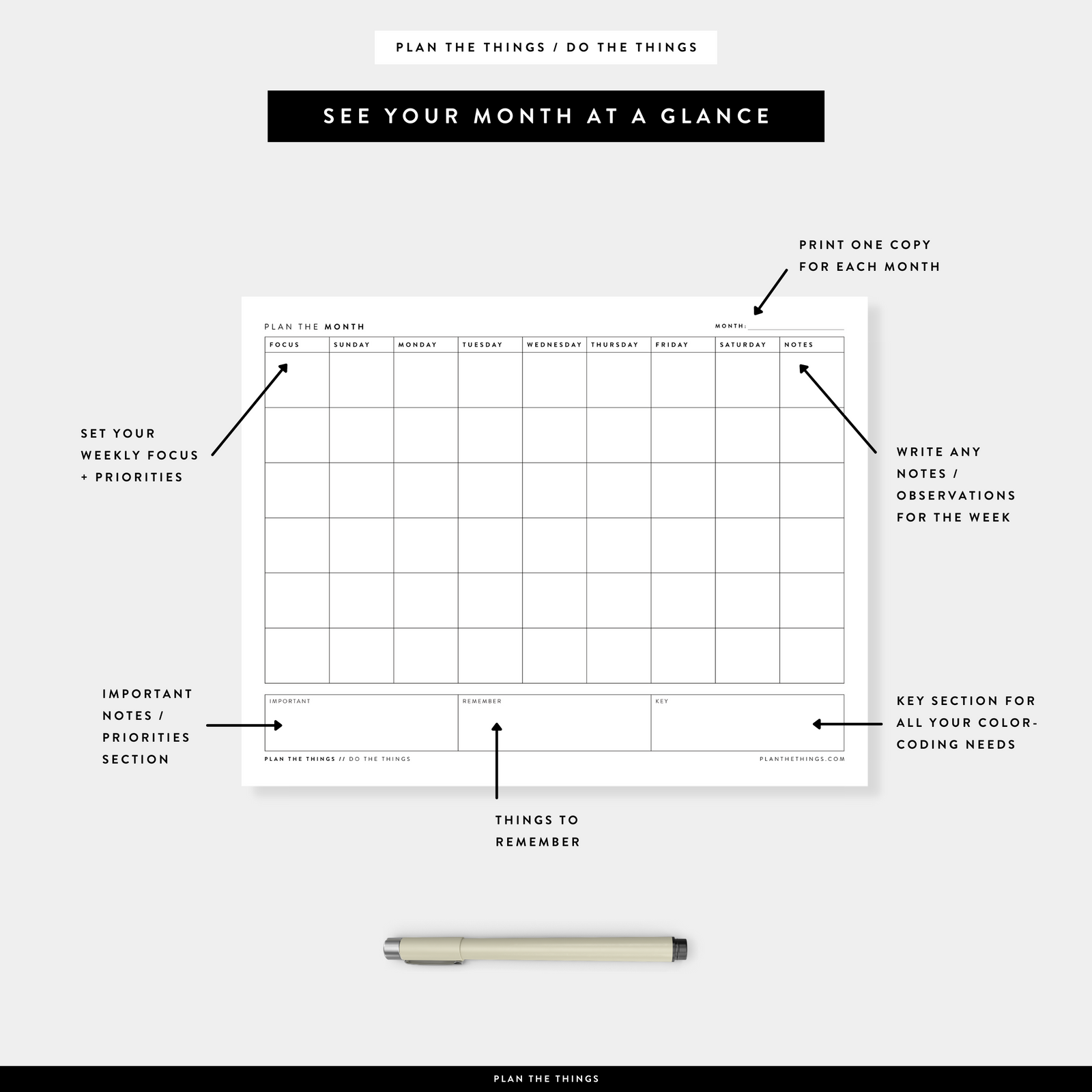 Monthly Focus + Notes - Undated Printable Planner Inserts (A4 + US Letter)