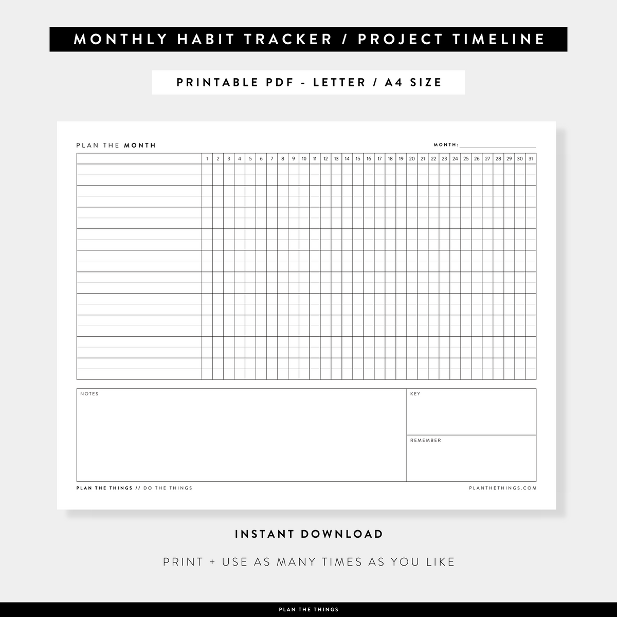Monthly Habit Tracker / Project Timeline Printable Planner Inserts (A4 + US Letter)