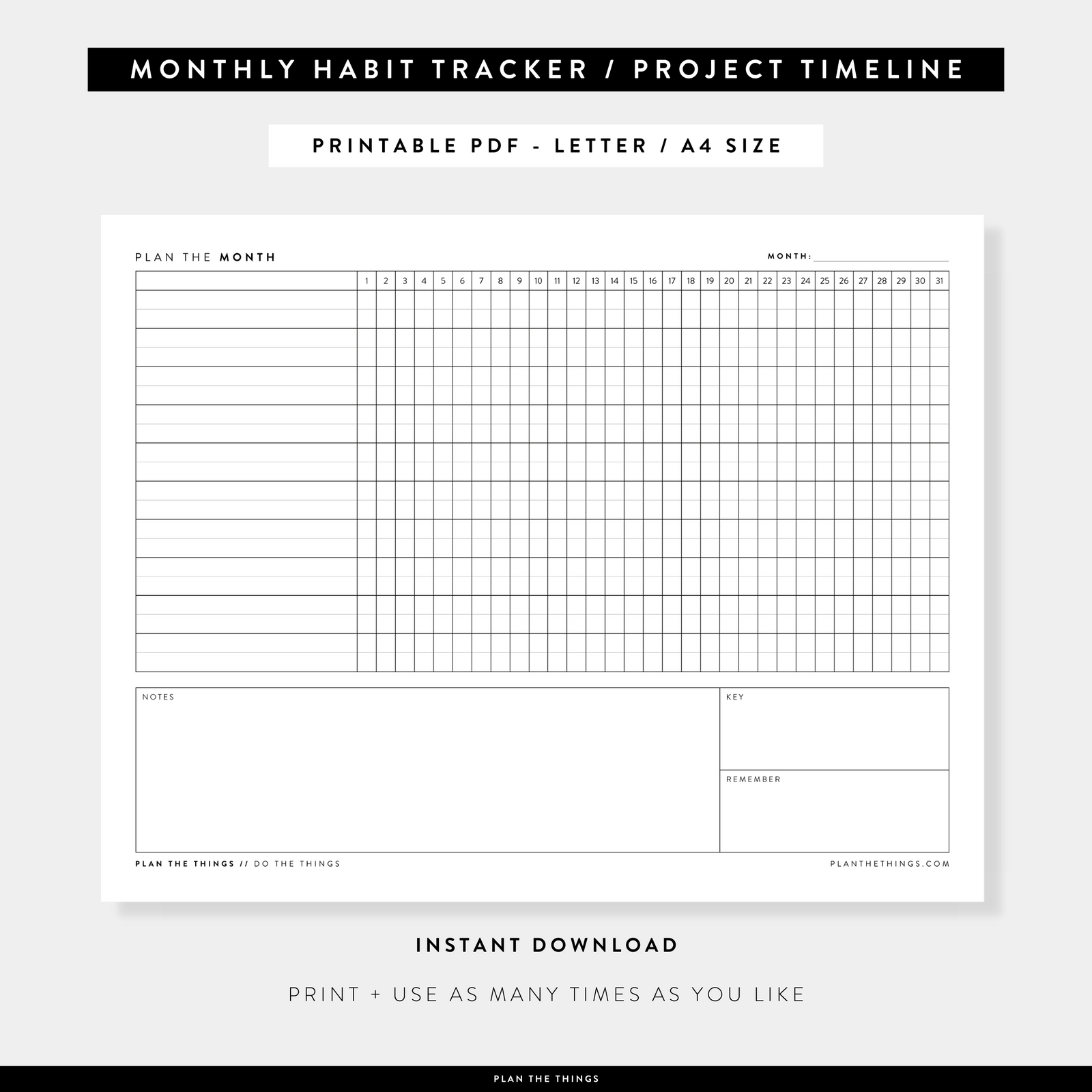 Monthly Habit Tracker / Project Timeline Printable Planner Inserts (A4 + US Letter)