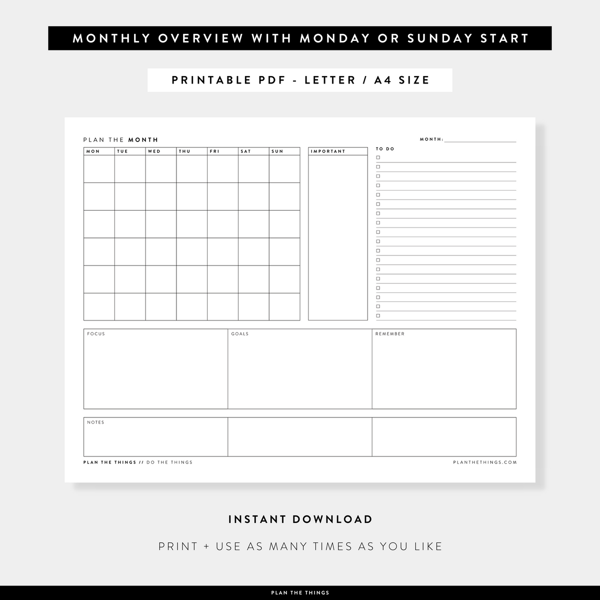 Month at a Glance / Monthly Dashboard - Undated Printable Planner Inserts (A4 + US Letter)