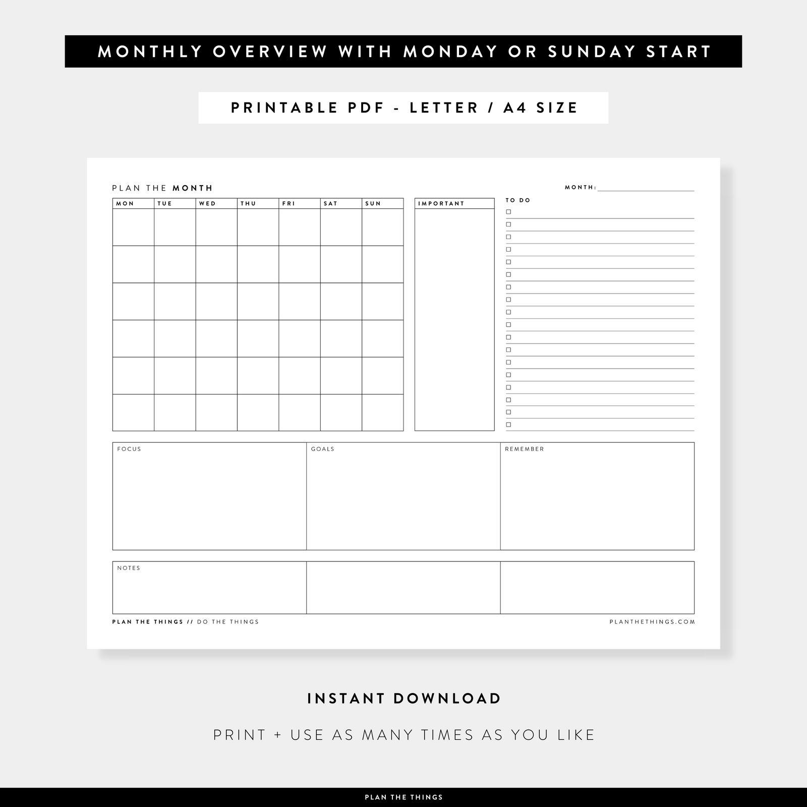 Month at a Glance / Monthly Dashboard - Undated Printable Planner Inserts (A4 + US Letter)
