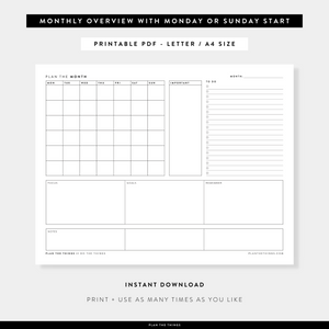 Month at a Glance / Monthly Dashboard - Undated Printable Planner Inserts (A4 + US Letter)