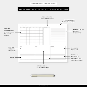 Month at a Glance / Monthly Dashboard - Undated Printable Planner Inserts (A4 + US Letter)