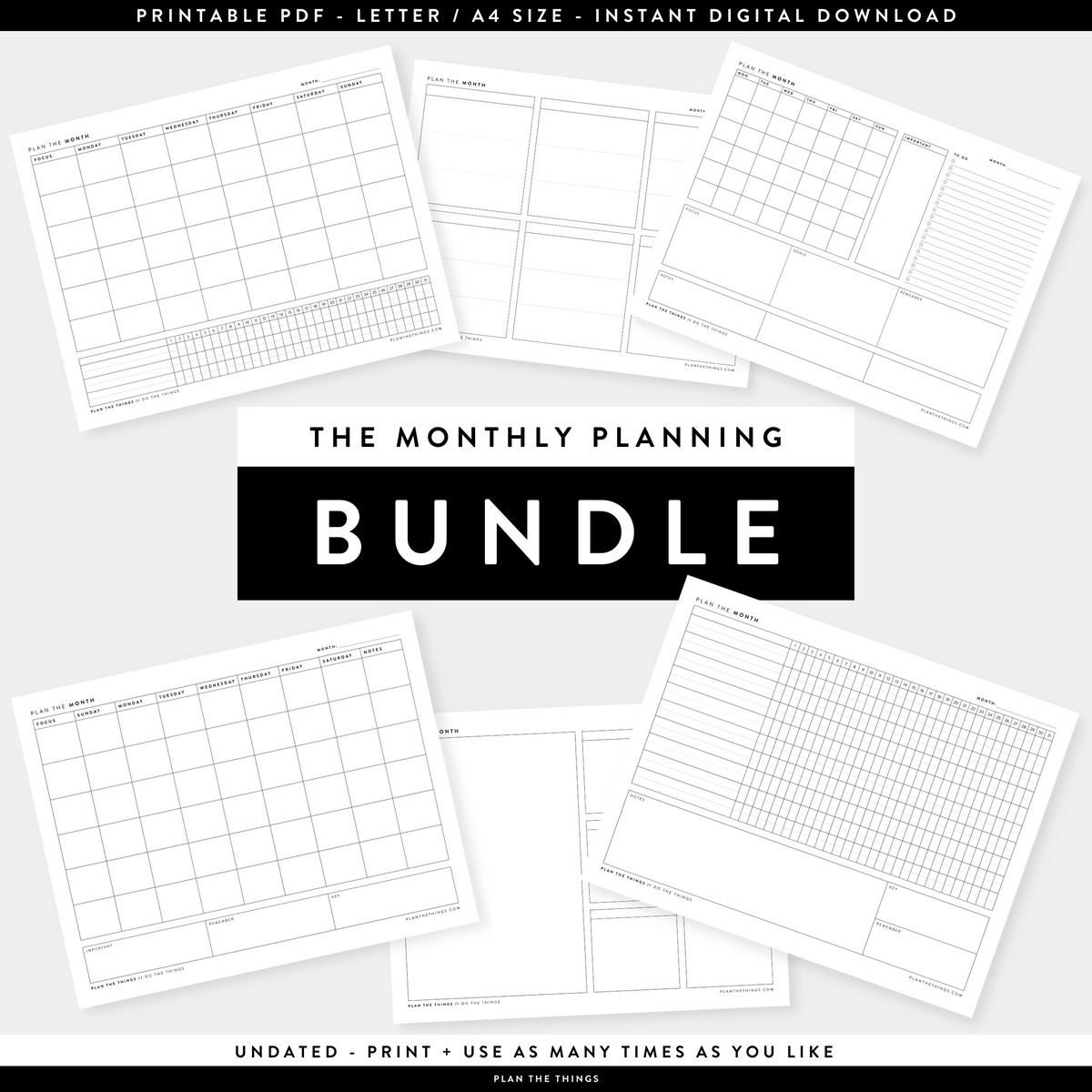 The Monthly Bundle - Undated Printable Planner Inserts (A4 + US Letter)
