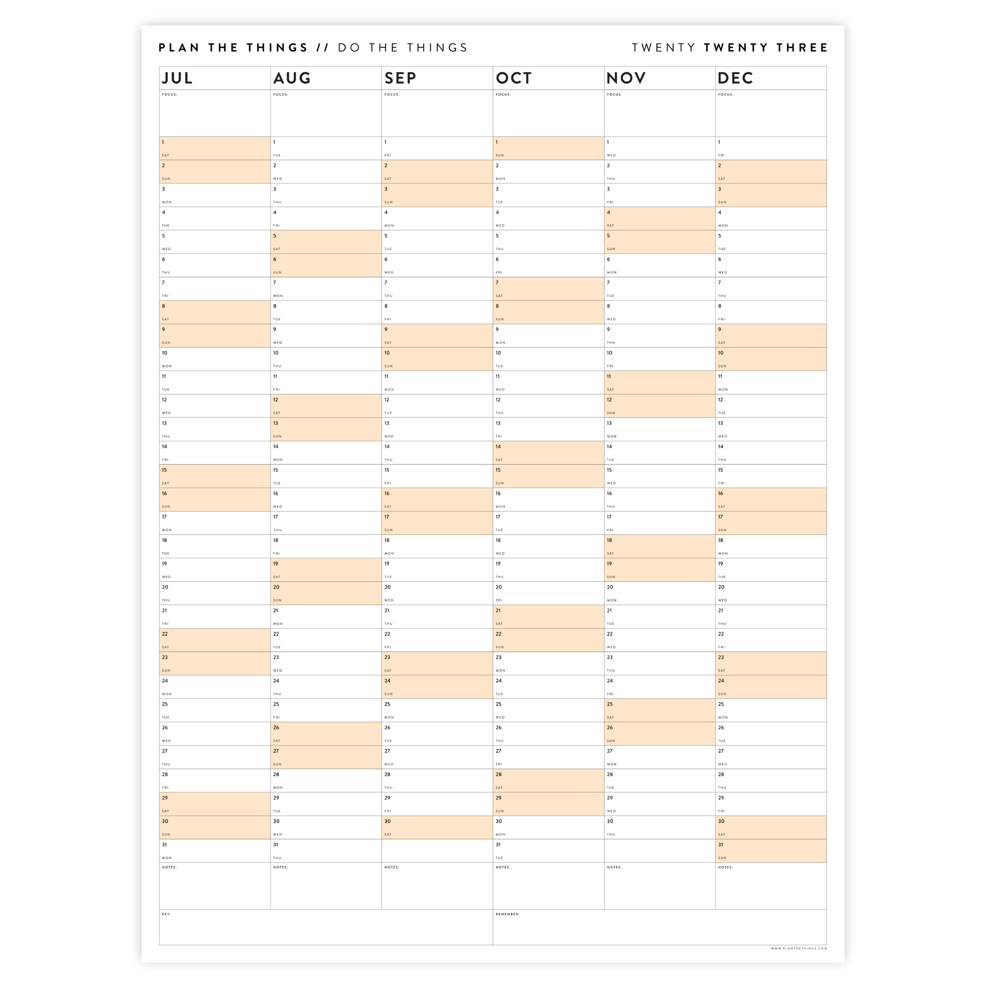 PRINTABLE SIX MONTH 2023 WALL CALENDAR (JULY TO DECEMBER) WITH ORANGE WEEKENDS - INSTANT DOWNLOAD
