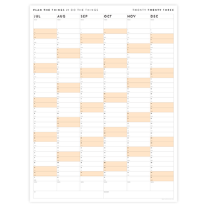 PRINTABLE SIX MONTH 2023 WALL CALENDAR (JULY TO DECEMBER) WITH ORANGE WEEKENDS - INSTANT DOWNLOAD