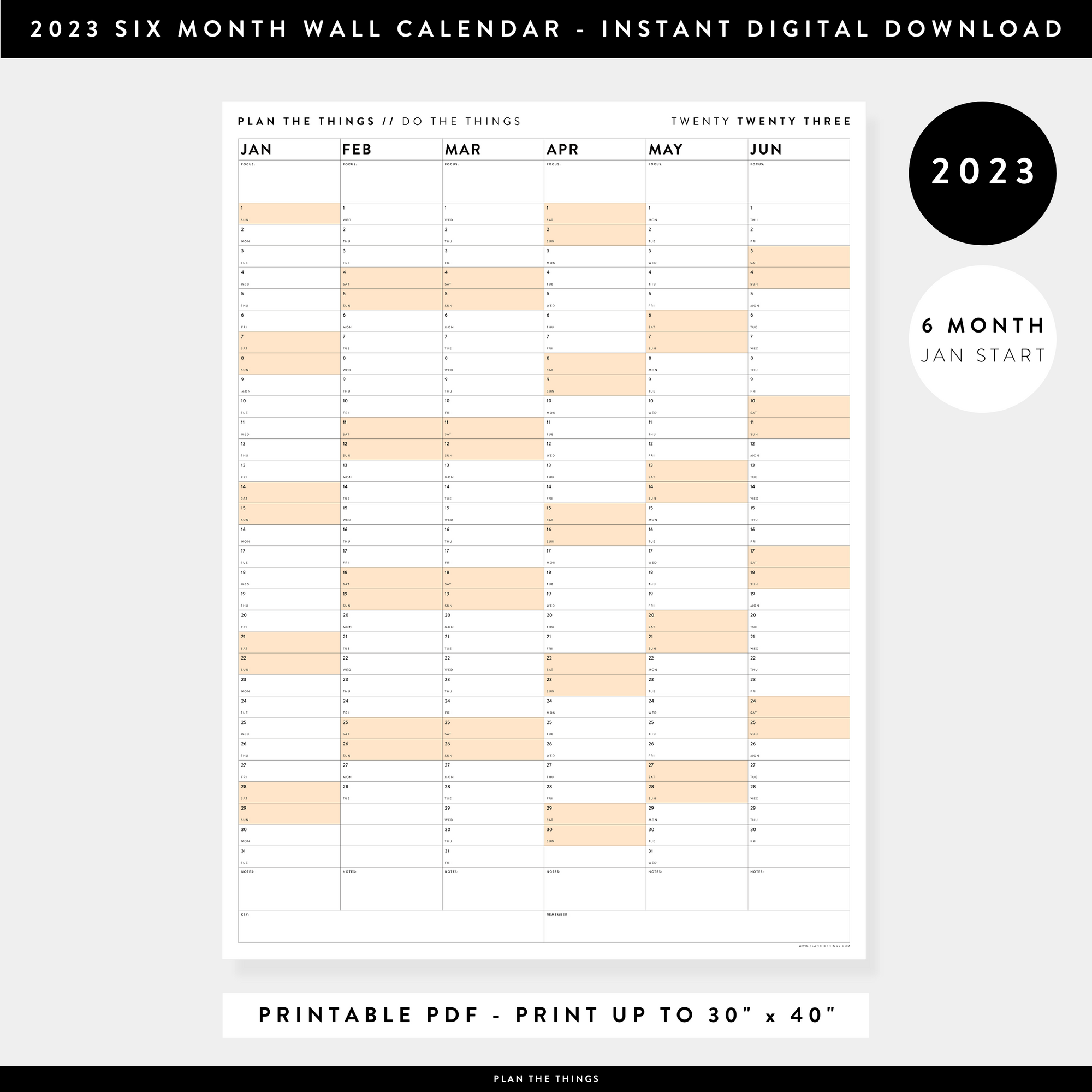 PRINTABLE SIX MONTH 2023 WALL CALENDAR (JANUARY TO JUNE) WITH ORANGE WEEKENDS - INSTANT DOWNLOAD