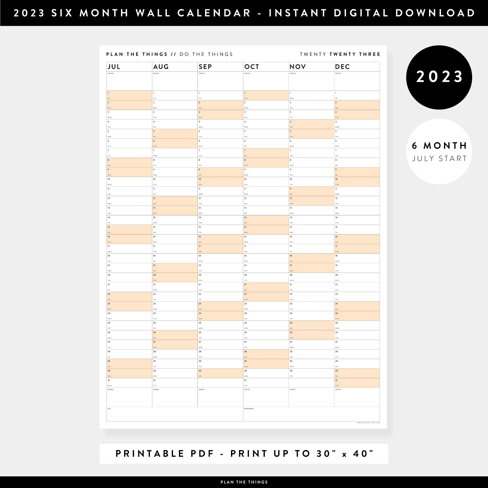 PRINTABLE SIX MONTH 2023 WALL CALENDAR (JULY TO DECEMBER) WITH ORANGE WEEKENDS - INSTANT DOWNLOAD