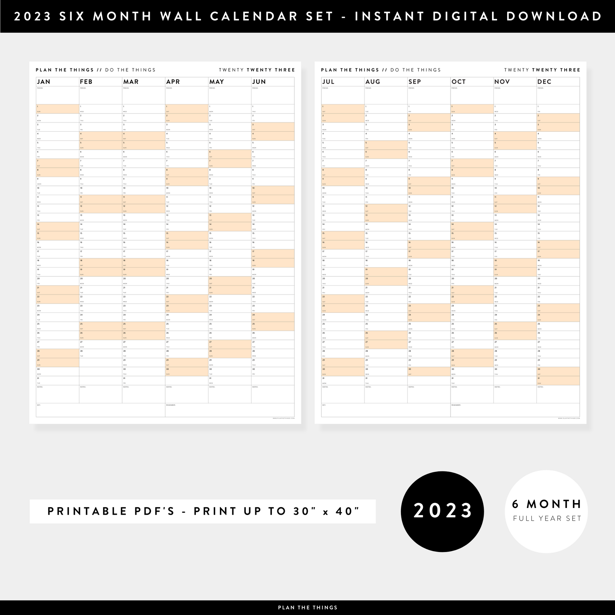PRINTABLE SIX MONTH 2023 WALL CALENDAR SET WITH ORANGE WEEKENDS - INSTANT DOWNLOAD