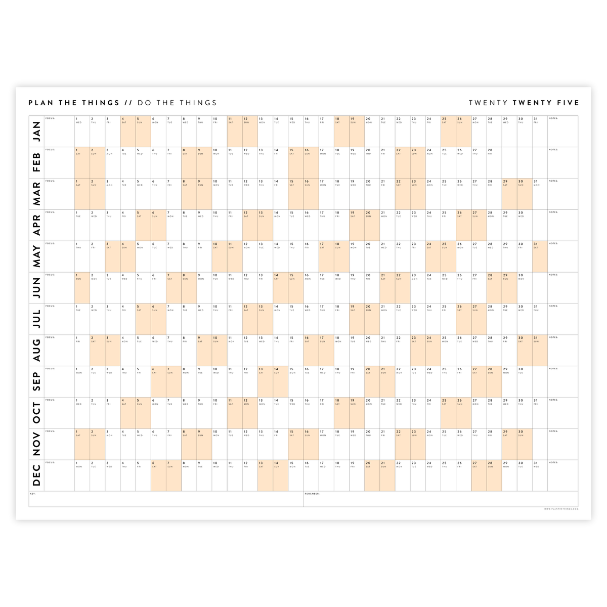 GIANT 2025 ANNUAL WALL CALENDAR | HORIZONTAL WITH ORANGE WEEKENDS