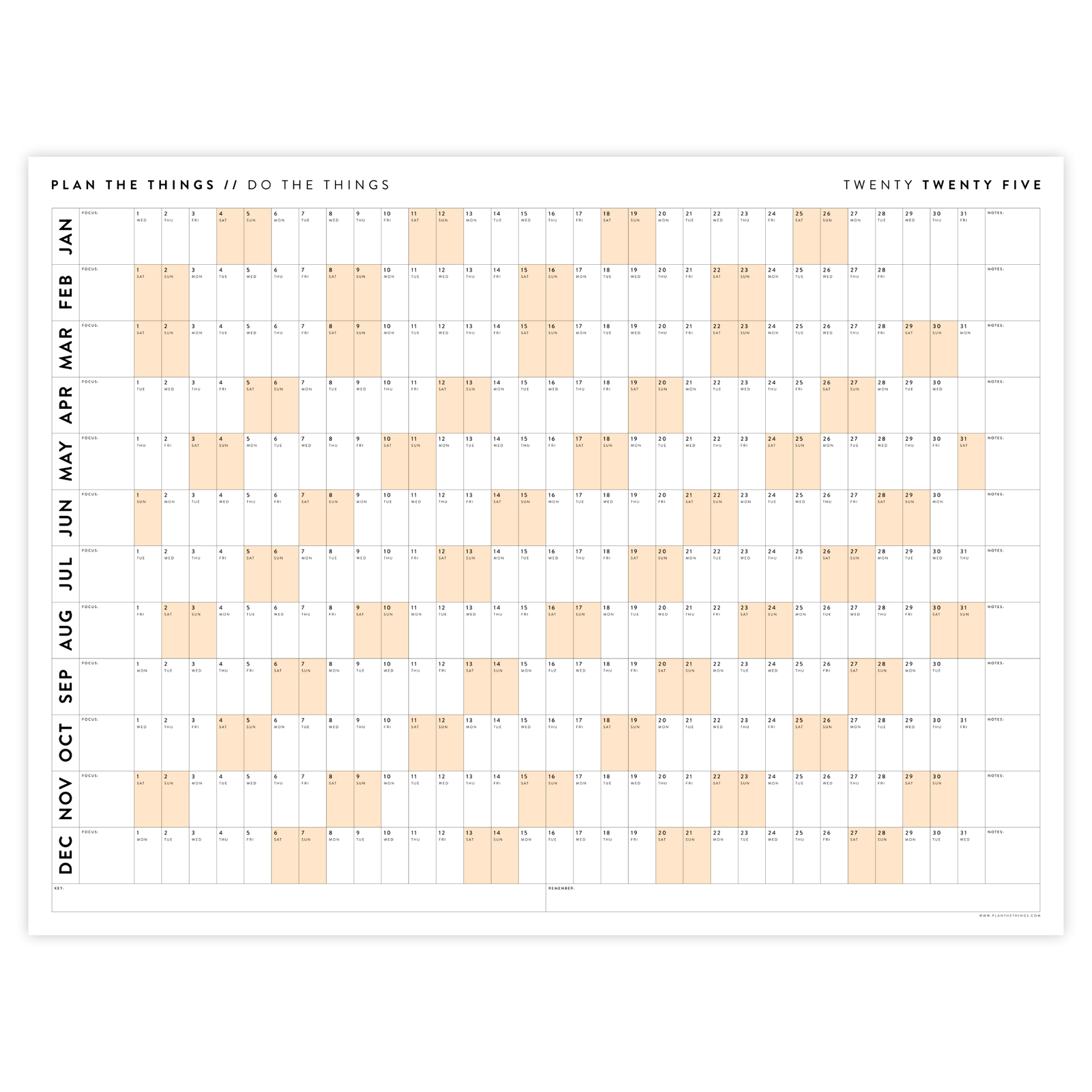 GIANT 2025 ANNUAL WALL CALENDAR | HORIZONTAL WITH ORANGE WEEKENDS