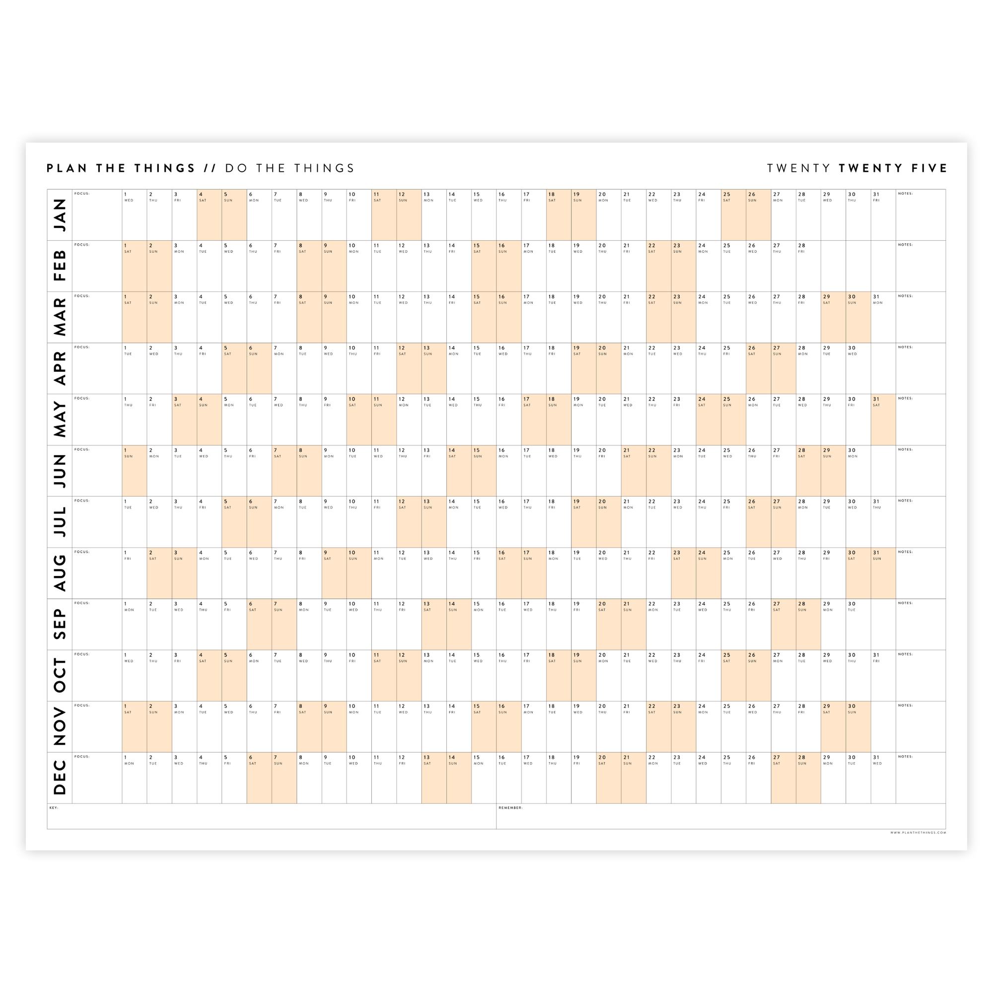 PRINTABLE 2025 HORIZONTAL WALL CALENDAR WITH ORANGE WEEKENDS - INSTANT DOWNLOAD