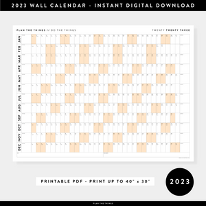PRINTABLE HORIZONTAL 2023 WALL CALENDAR WITH ORANGE WEEKENDS - INSTANT DOWNLOAD