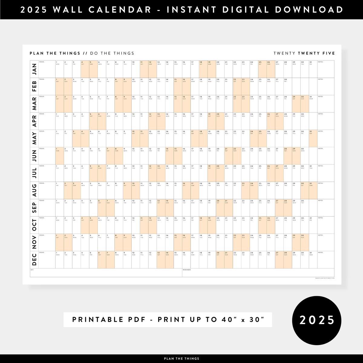 PRINTABLE 2025 HORIZONTAL WALL CALENDAR WITH ORANGE WEEKENDS - INSTANT DOWNLOAD