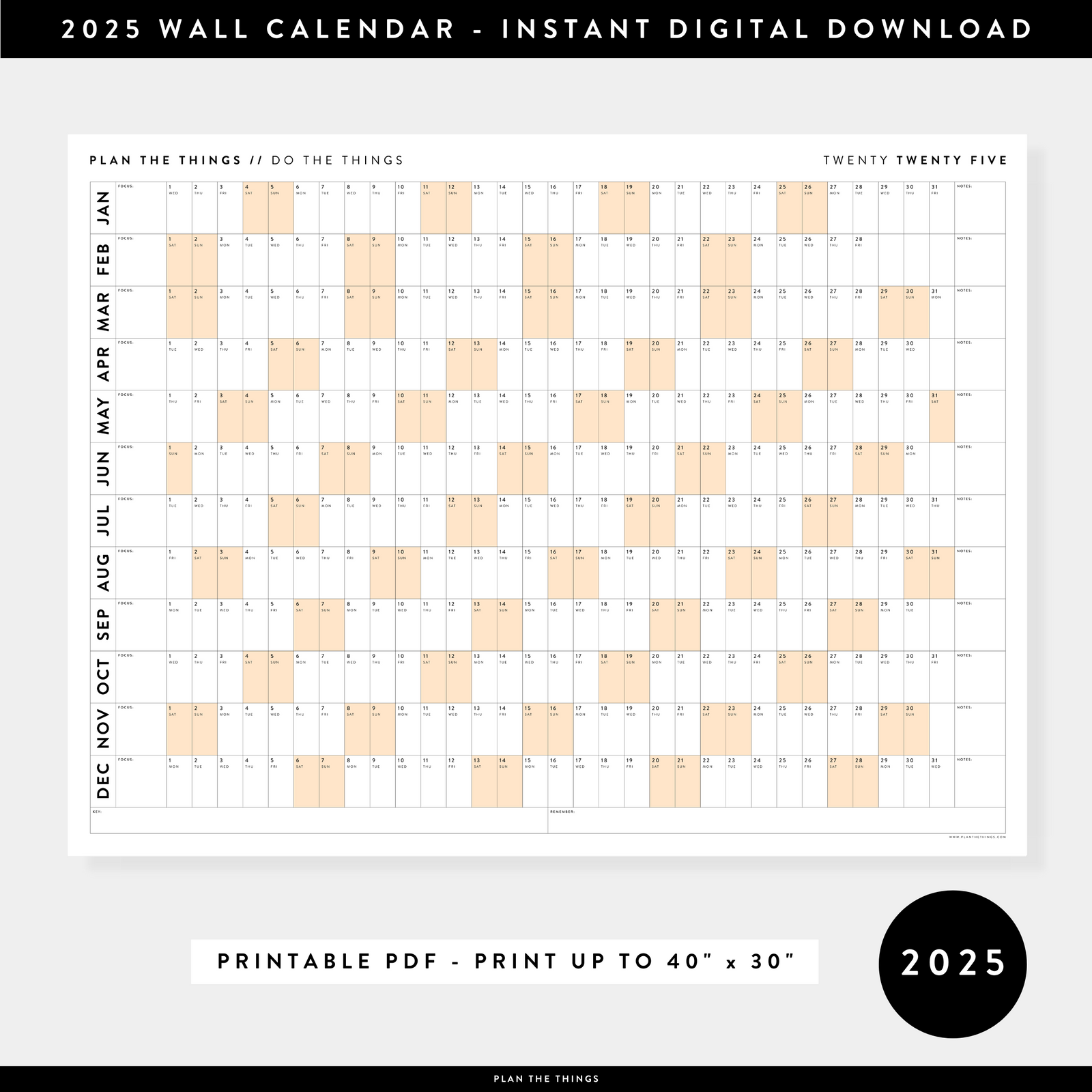 PRINTABLE 2025 HORIZONTAL WALL CALENDAR WITH ORANGE WEEKENDS - INSTANT DOWNLOAD