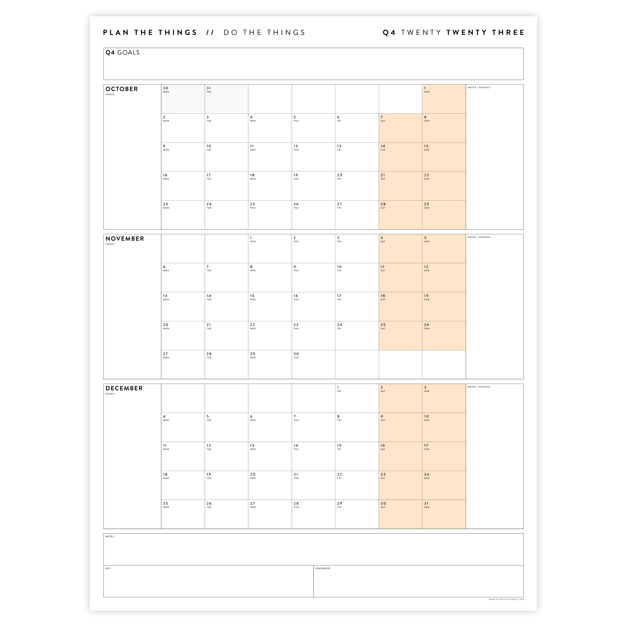 Q4 2023 QUARTERLY GIANT WALL CALENDAR (OCTOBER - DECEMBER 2023) - ORANGE WEEKENDS