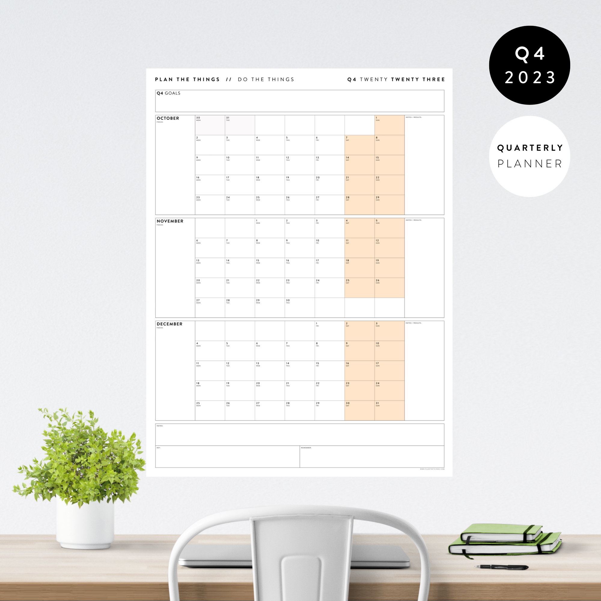 Q4 2023 QUARTERLY GIANT WALL CALENDAR (OCTOBER - DECEMBER 2023) - ORANGE WEEKENDS