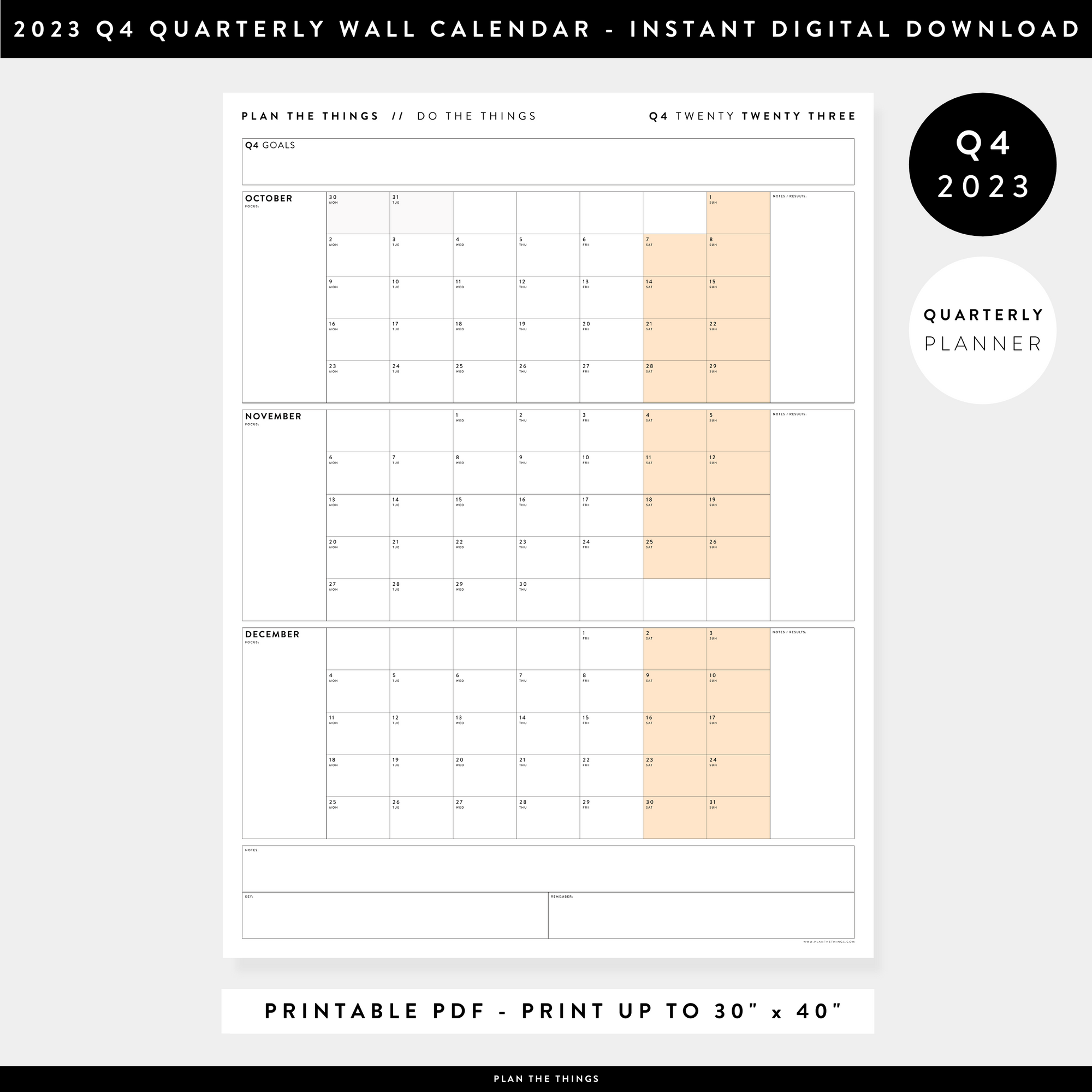 PRINTABLE Q4 (OCTOBER - DECEMBER) 2023 QUARTERLY WALL CALENDAR (ORANGE) - INSTANT PDF DOWNLOAD