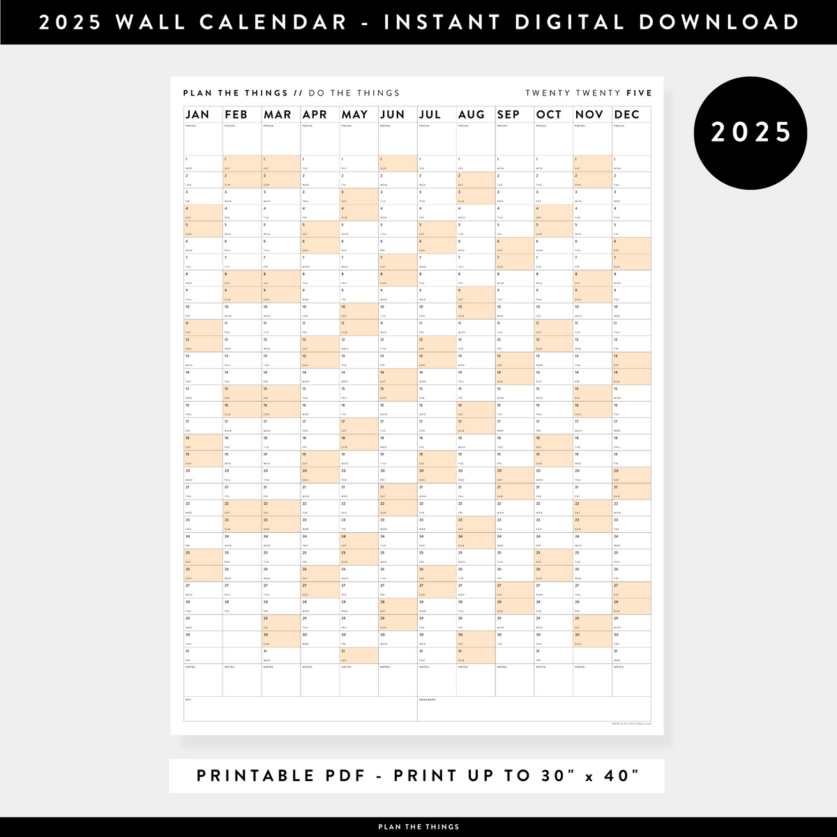 PRINTABLE VERTICAL 2025 WALL CALENDAR WITH ORANGE WEEKENDS - INSTANT DOWNLOAD
