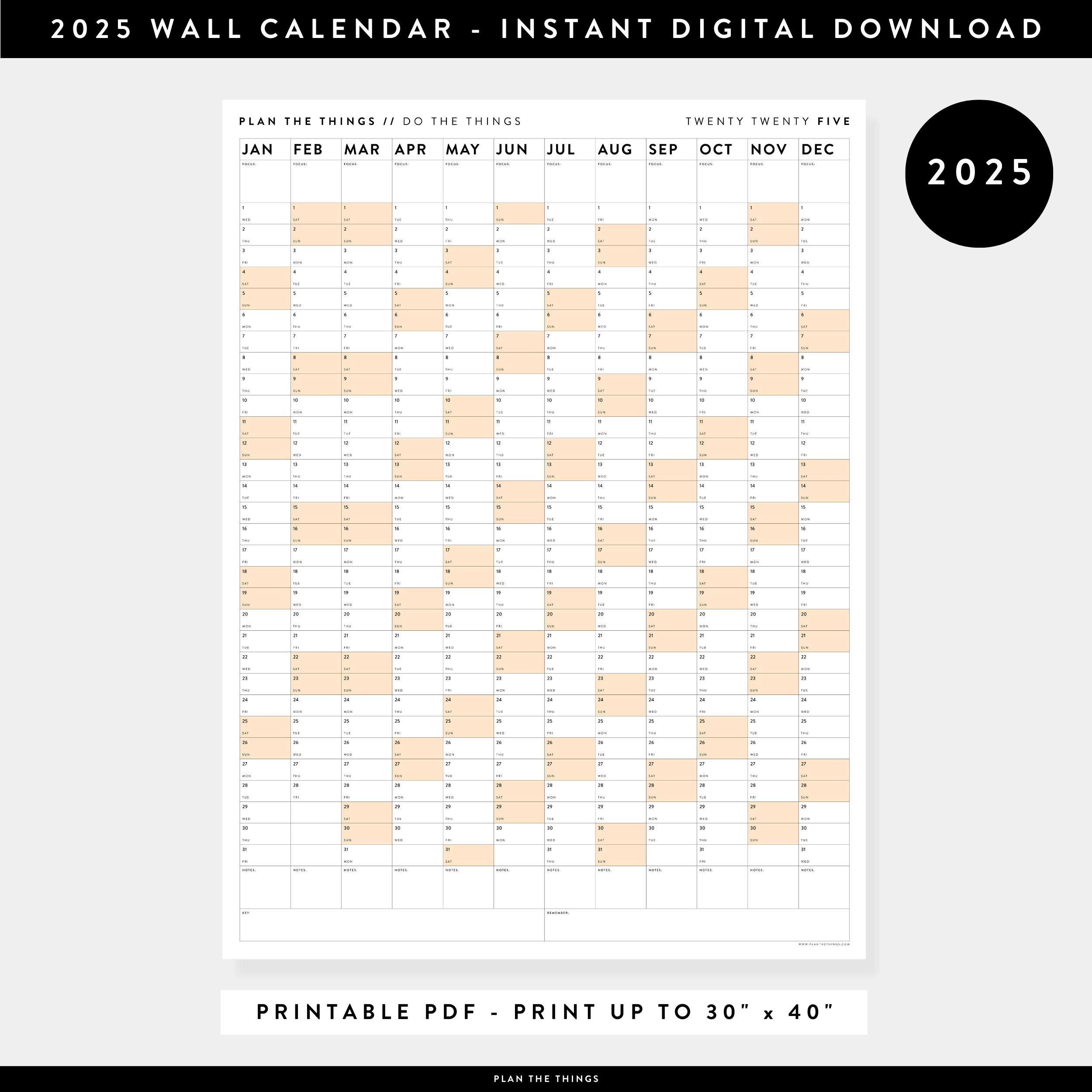 PRINTABLE VERTICAL 2025 WALL CALENDAR WITH ORANGE WEEKENDS INSTANT D