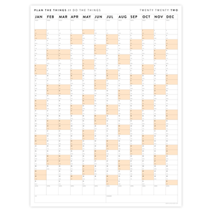 PRINTABLE VERTICAL 2022 WALL CALENDAR WITH ORANGE WEEKENDS - INSTANT DOWNLOAD