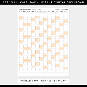 PRINTABLE VERTICAL 2022 WALL CALENDAR WITH ORANGE WEEKENDS - INSTANT DOWNLOAD