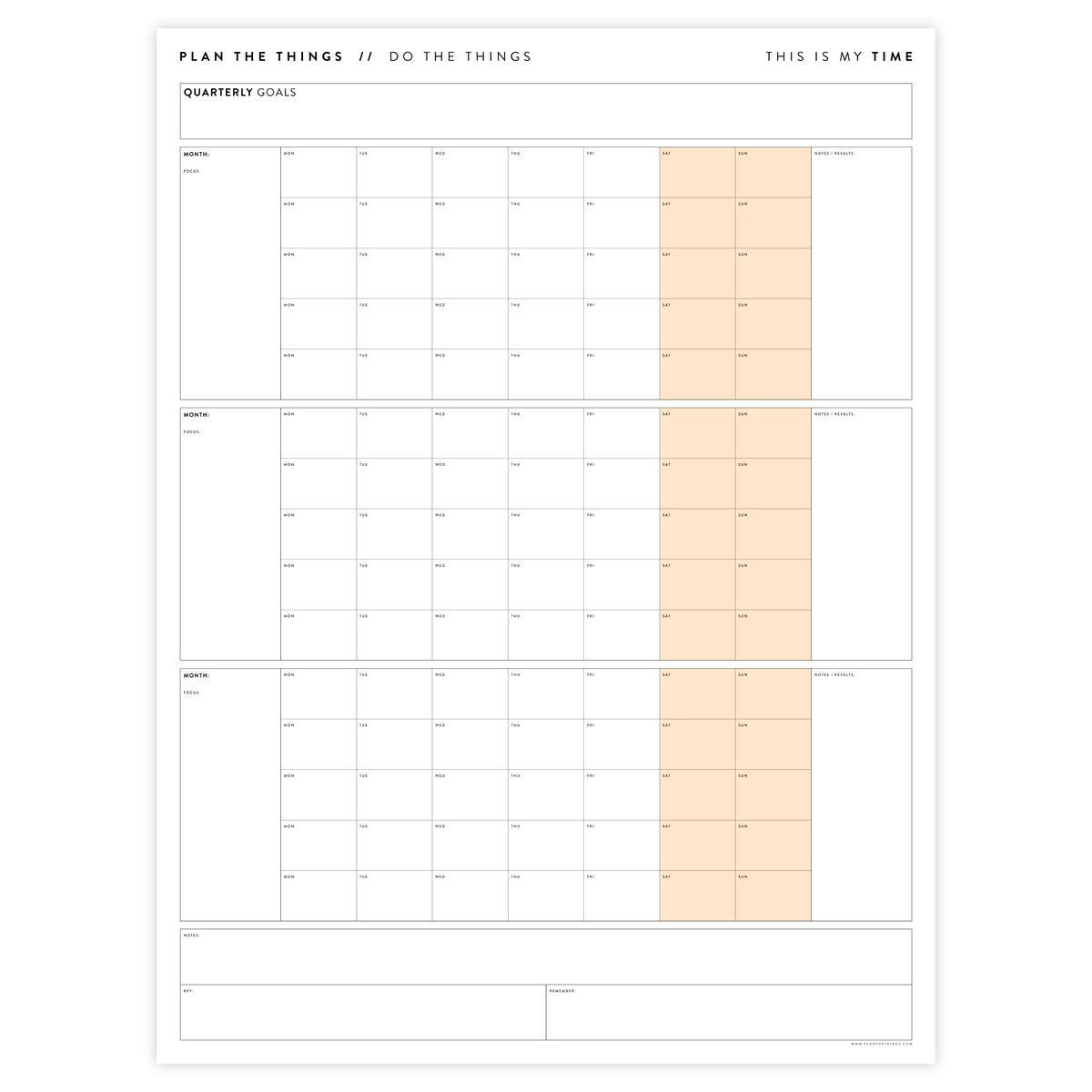 UNDATED QUARTERLY GIANT WALL CALENDAR - MONDAY START - ORANGE WEEKENDS