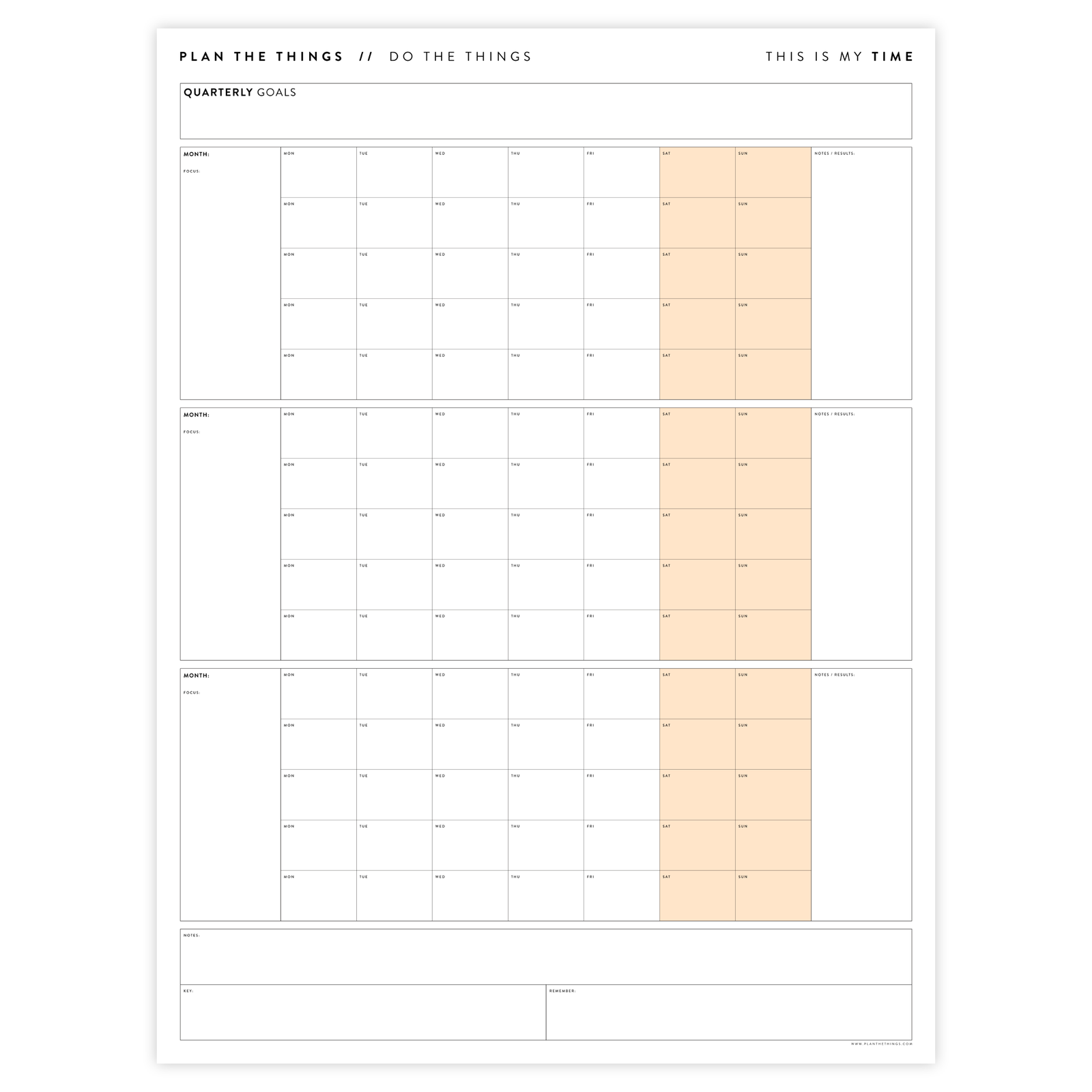 UNDATED QUARTERLY GIANT WALL CALENDAR - MONDAY START - ORANGE WEEKENDS