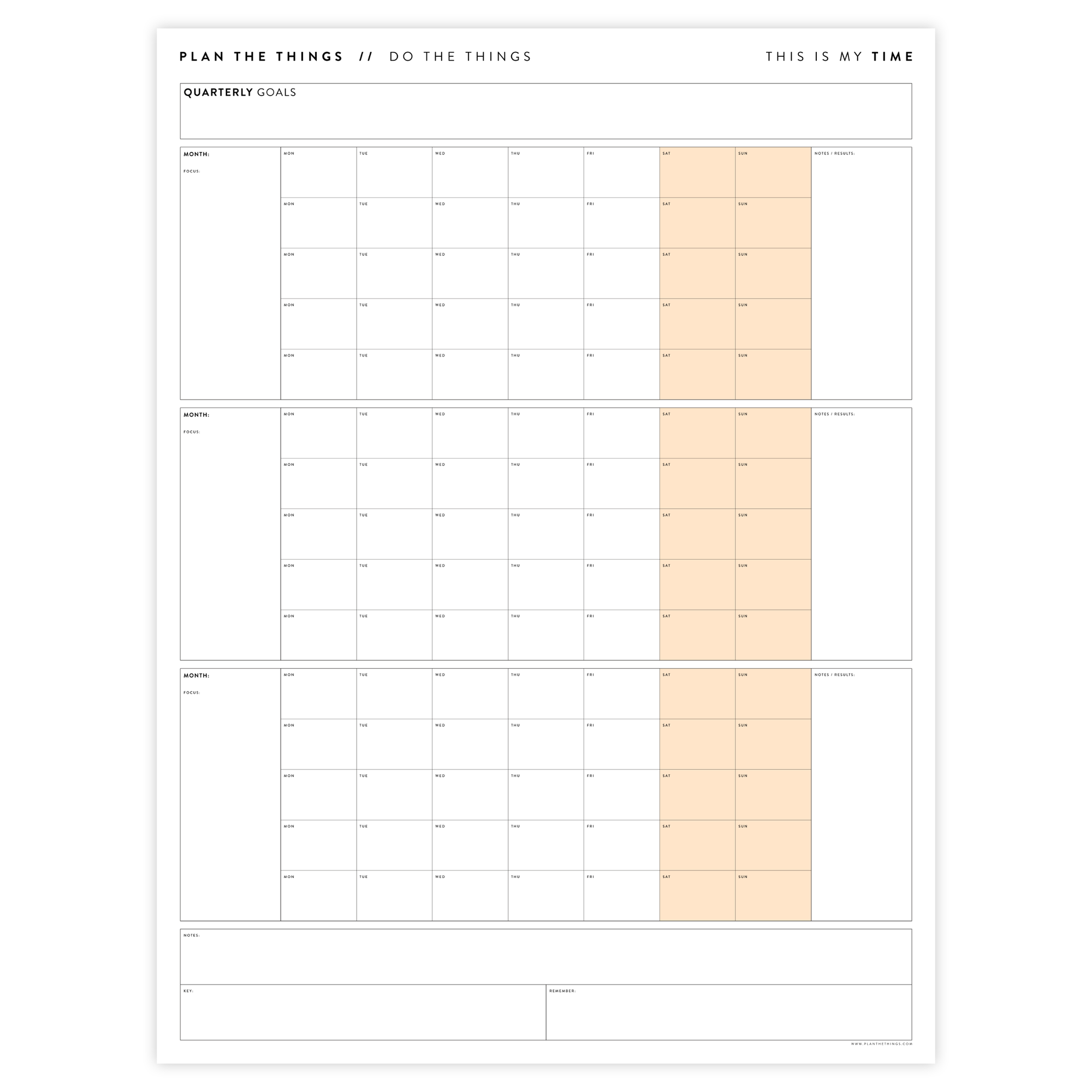 PRINTABLE UNDATED QUARTERLY WALL CALENDAR - MONDAY START - ORANGE WEEKENDS - INSTANT DOWNLOAD