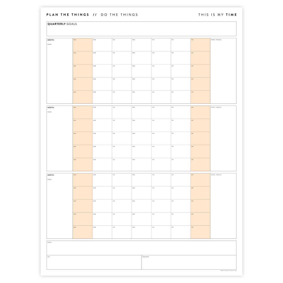 UNDATED QUARTERLY GIANT WALL CALENDAR - SUNDAY START - ORANGE WEEKENDS