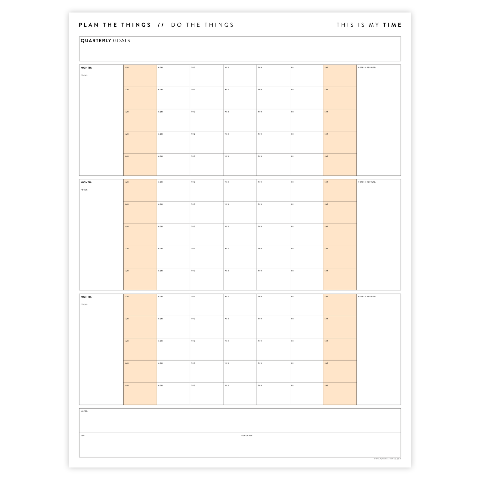 PRINTABLE UNDATED QUARTERLY WALL CALENDAR - SUNDAY START - ORANGE WEEKENDS - INSTANT DOWNLOAD