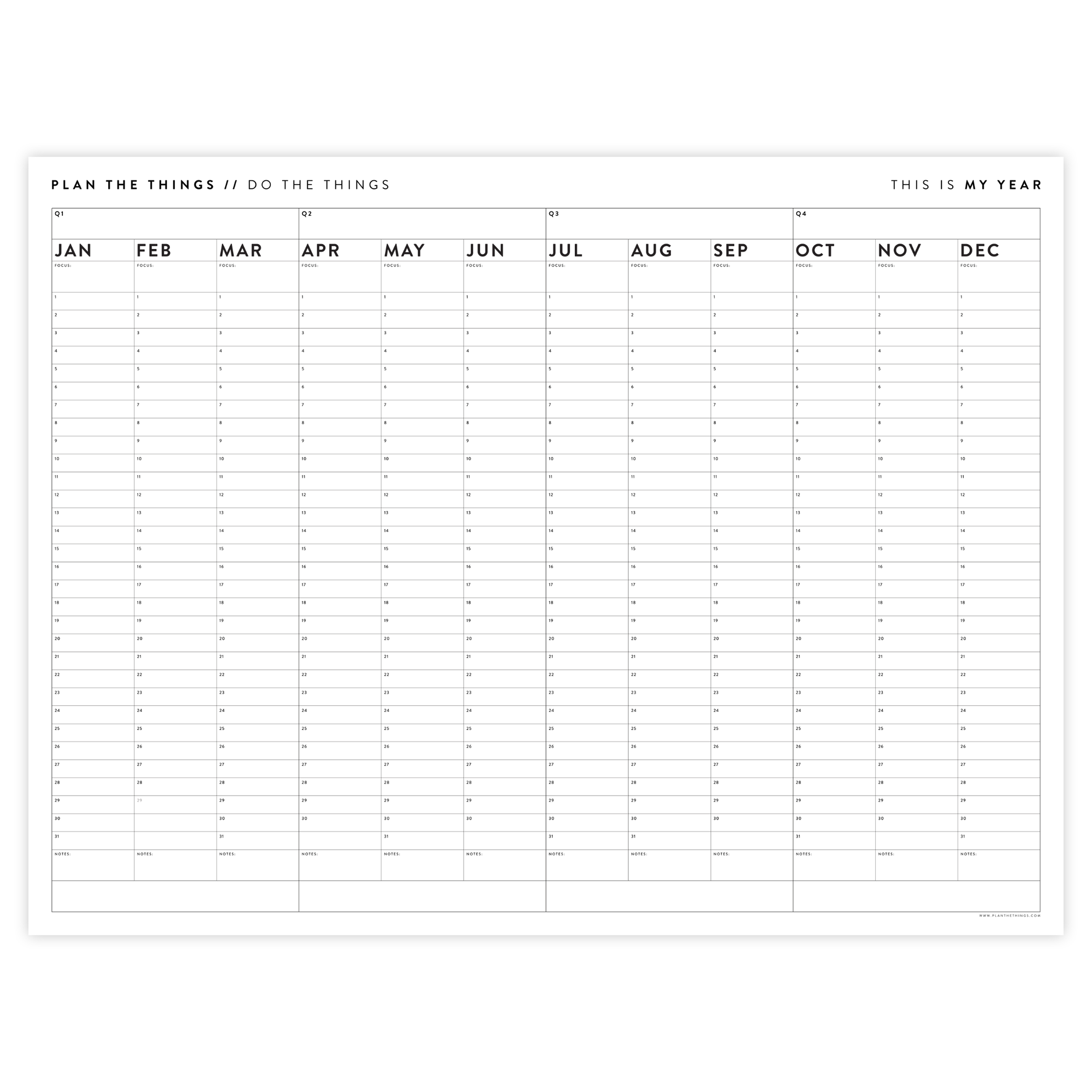 PRINTABLE UNDATED PERPETUAL ANNUAL + QUARTERLY PLANNING WALL CALENDAR (HORIZONTAL / B+W) - INSTANT DOWNLOAD