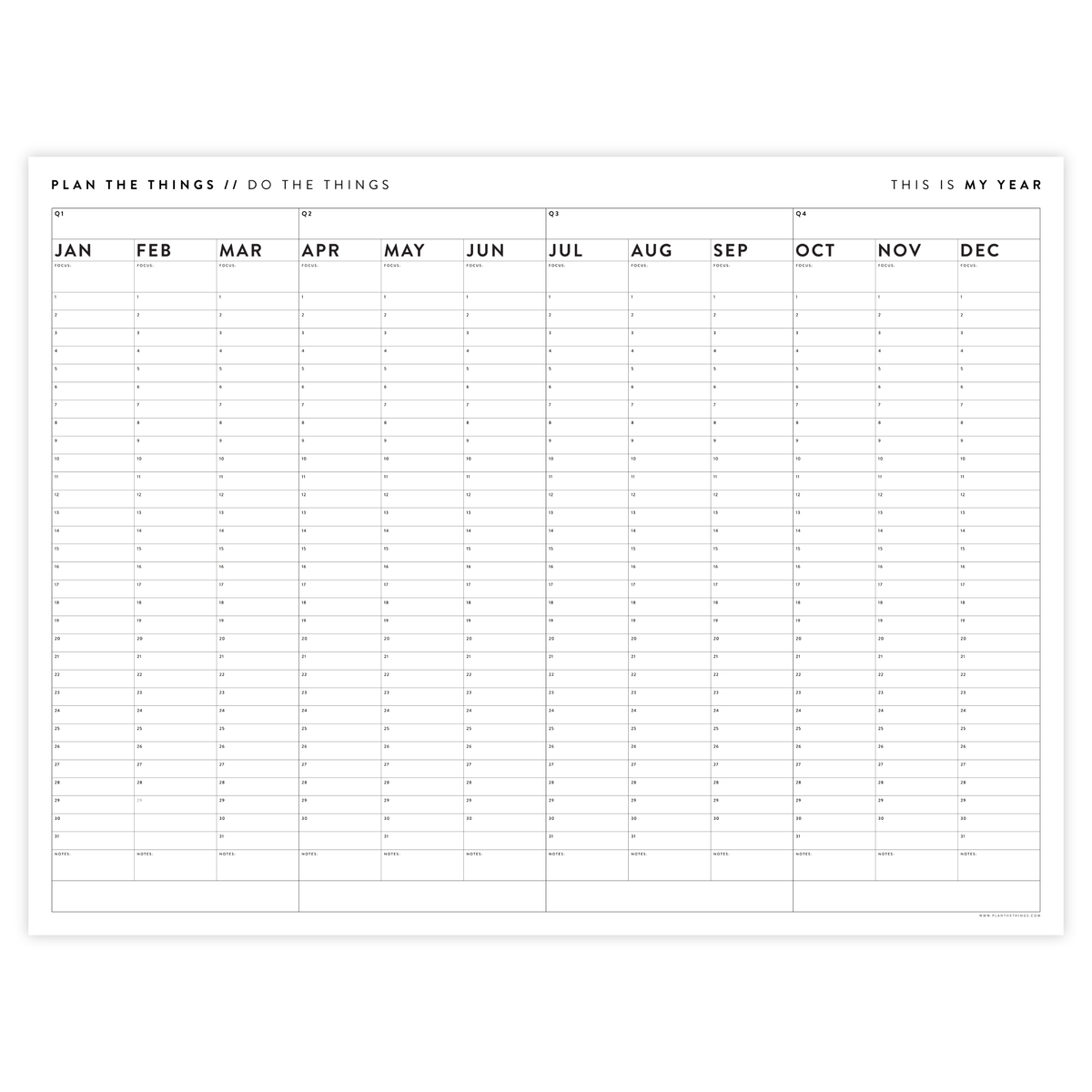UNDATED PERPETUAL / FOREVER WALL CALENDAR - ANNUAL + QUARTERLY PLANNING (B+W)