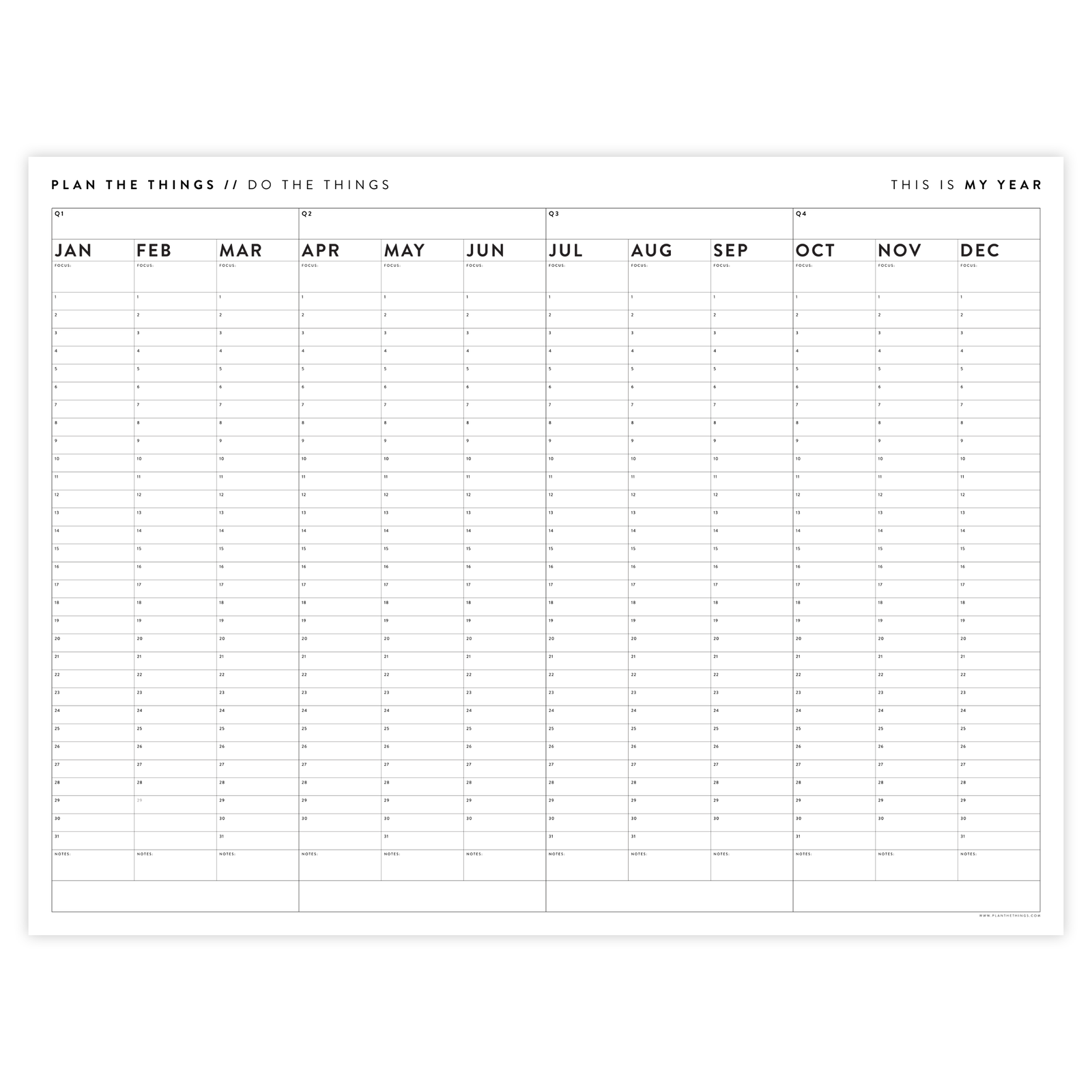 UNDATED PERPETUAL / FOREVER WALL CALENDAR - ANNUAL + QUARTERLY PLANNING (B+W)