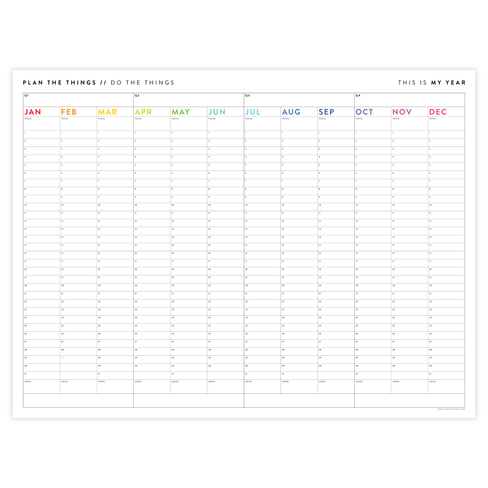 PRINTABLE UNDATED PERPETUAL ANNUAL + QUARTERLY PLANNING WALL CALENDAR (HORIZONTAL / SIMPLE RAINBOW) - INSTANT DOWNLOAD