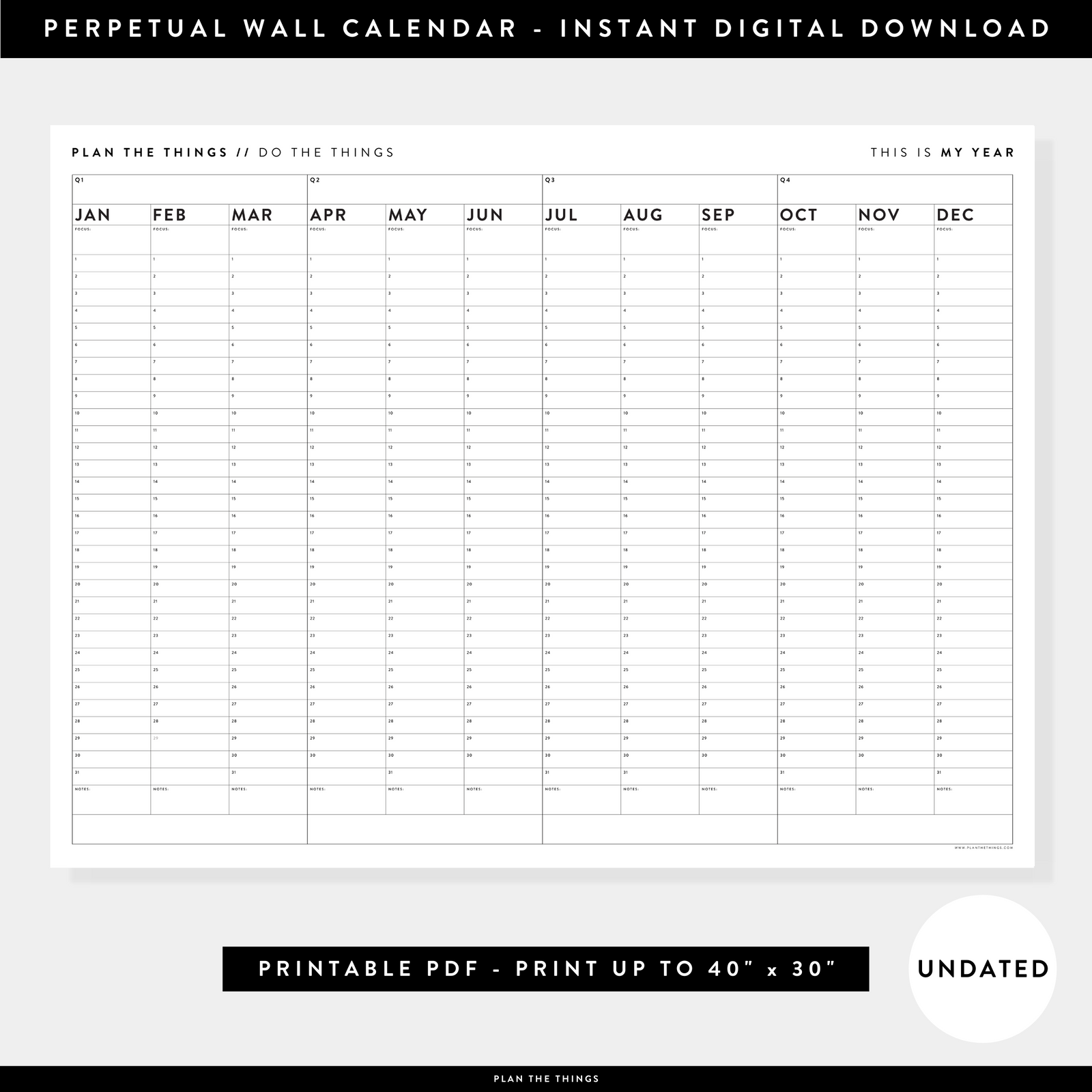 PRINTABLE UNDATED PERPETUAL ANNUAL + QUARTERLY PLANNING WALL CALENDAR (HORIZONTAL / B+W) - INSTANT DOWNLOAD