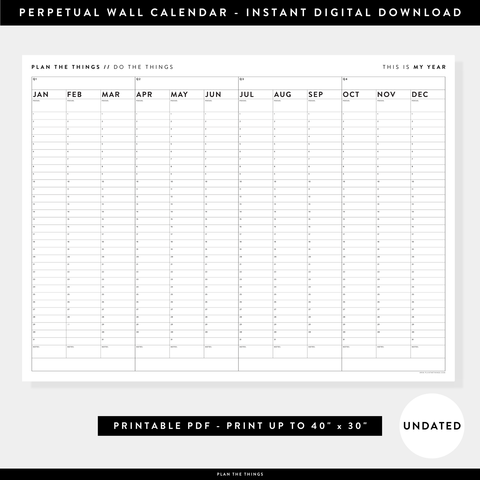 PRINTABLE UNDATED PERPETUAL ANNUAL + QUARTERLY PLANNING WALL CALENDAR (HORIZONTAL / B+W) - INSTANT DOWNLOAD