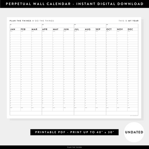 PRINTABLE UNDATED PERPETUAL ANNUAL + QUARTERLY PLANNING WALL CALENDAR (HORIZONTAL / B+W) - INSTANT DOWNLOAD