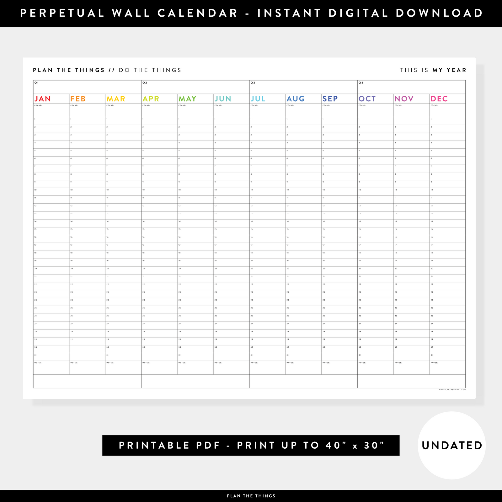 PRINTABLE UNDATED PERPETUAL ANNUAL + QUARTERLY PLANNING WALL CALENDAR (HORIZONTAL / SIMPLE RAINBOW) - INSTANT DOWNLOAD