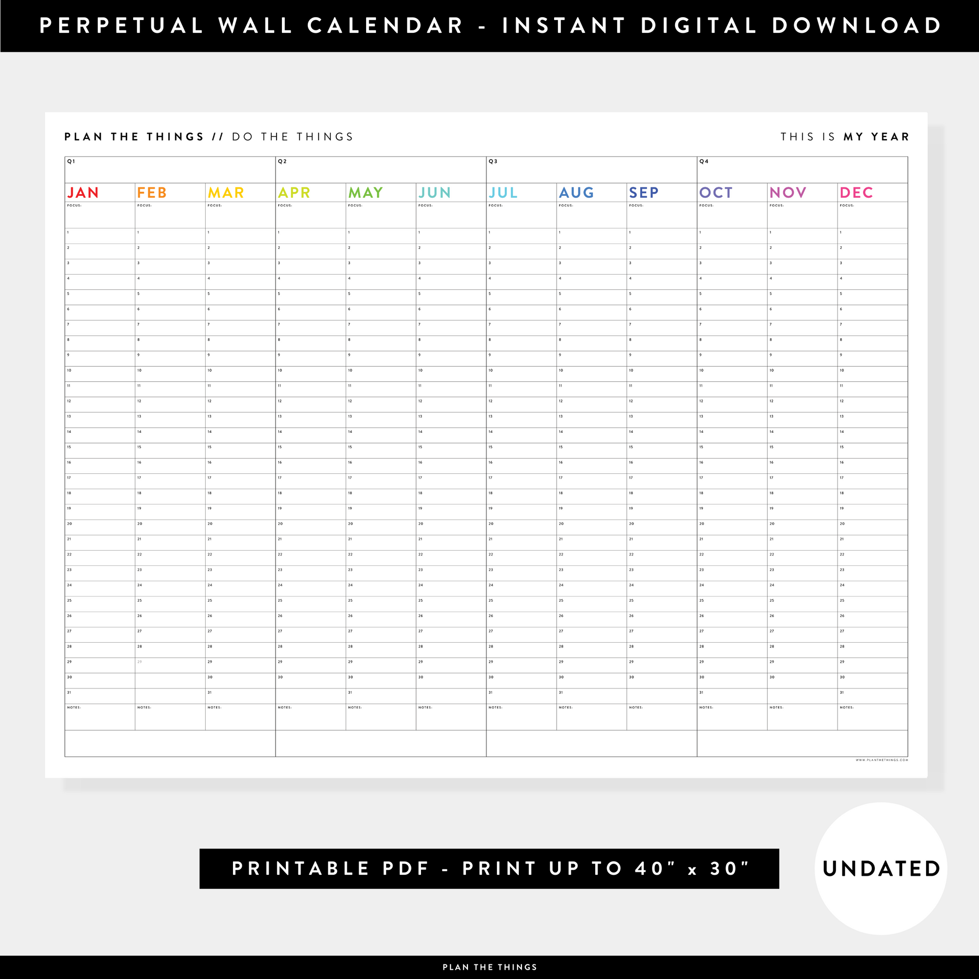 PRINTABLE UNDATED PERPETUAL ANNUAL + QUARTERLY PLANNING WALL CALENDAR (HORIZONTAL / SIMPLE RAINBOW) - INSTANT DOWNLOAD