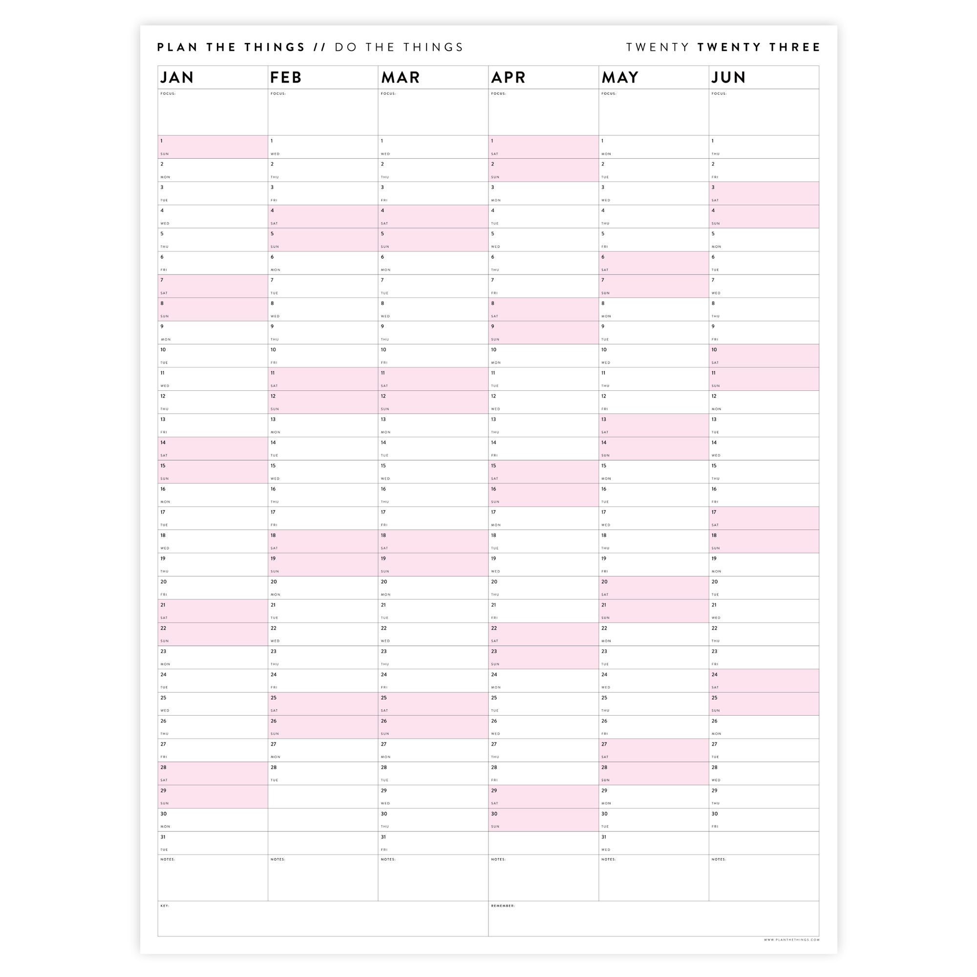 PRINTABLE SIX MONTH 2023 WALL CALENDAR SET WITH PINK WEEKENDS - INSTANT DOWNLOAD