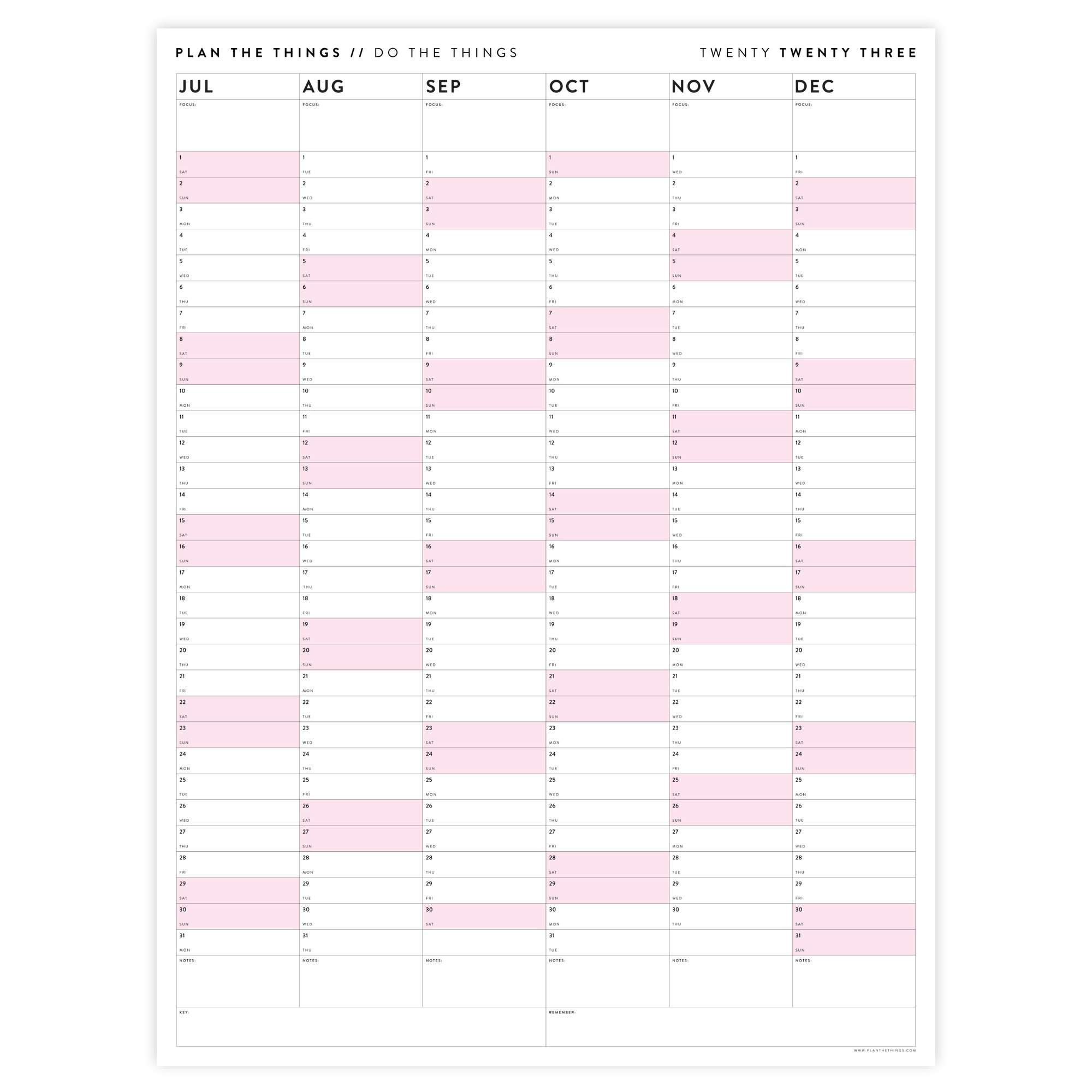 SIX MONTH 2023 GIANT WALL CALENDAR (JULY TO DECEMBER) WITH PINK WEEKENDS