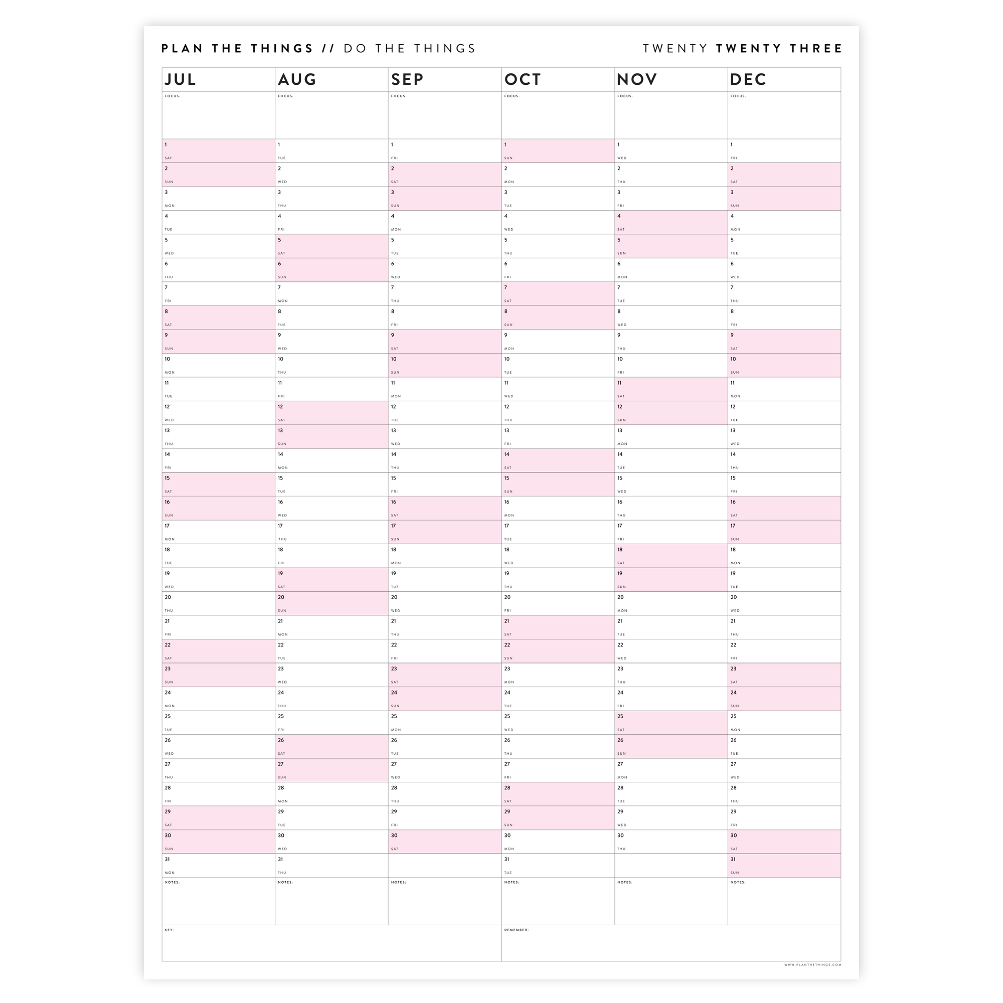 PRINTABLE SIX MONTH 2023 WALL CALENDAR (JULY TO DECEMBER) WITH PINK WEEKENDS - INSTANT DOWNLOAD