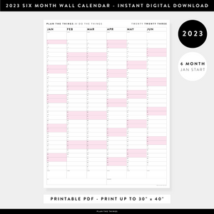 PRINTABLE SIX MONTH 2023 WALL CALENDAR (JANUARY TO JUNE) WITH PINK WEEKENDS - INSTANT DOWNLOAD