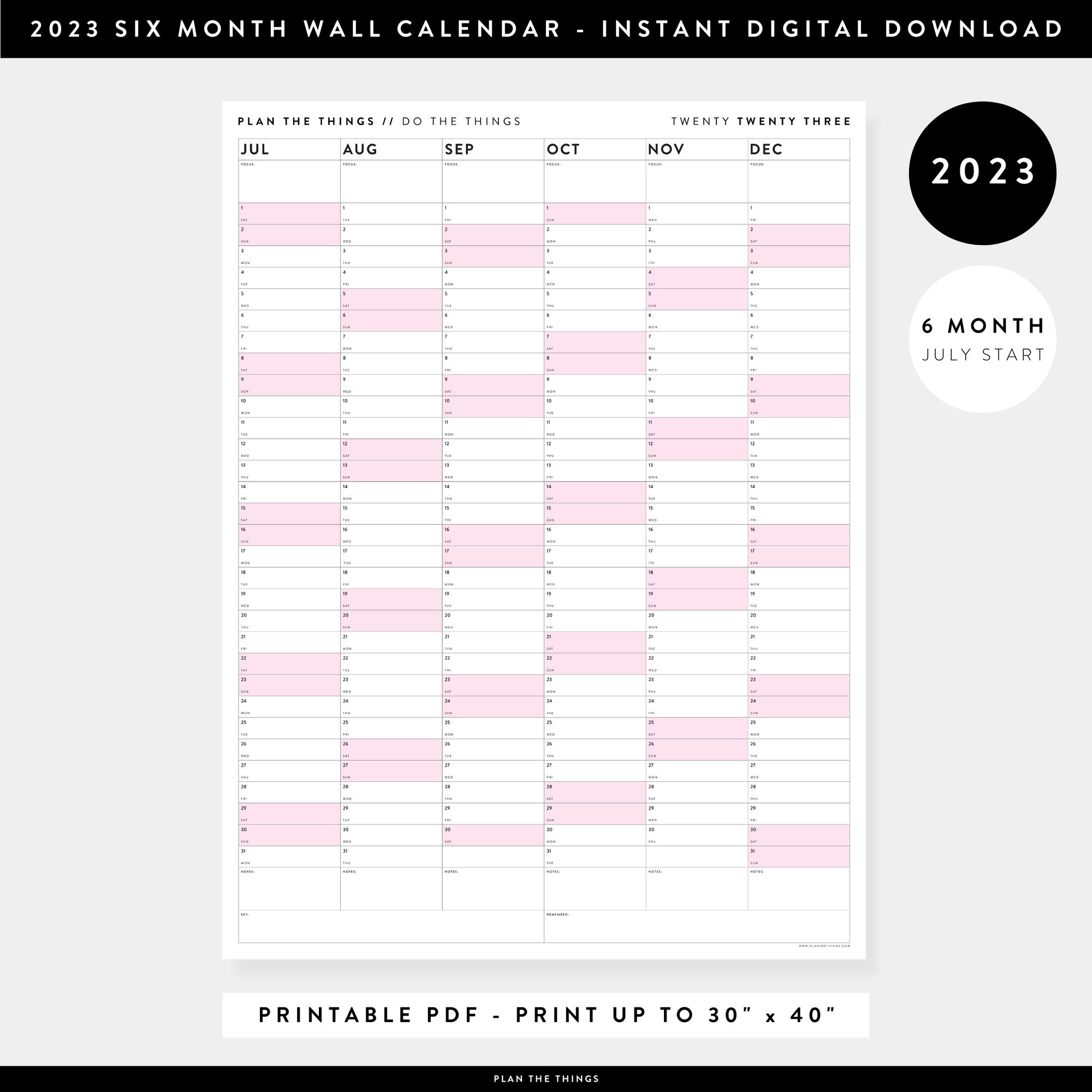 PRINTABLE SIX MONTH 2023 WALL CALENDAR (JULY TO DECEMBER) WITH PINK WEEKENDS - INSTANT DOWNLOAD