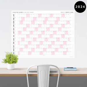 PRINTABLE HORIZONTAL 2024 WALL CALENDAR WITH PINK WEEKENDS - INSTANT DOWNLOAD