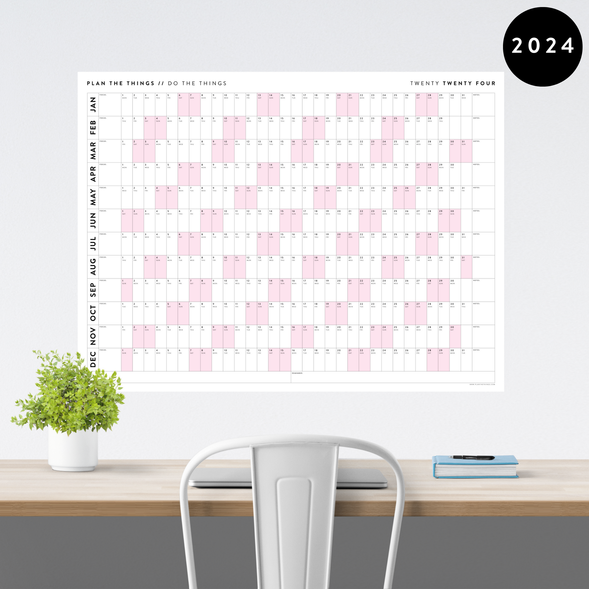 GIANT 2024 WALL CALENDAR | HORIZONTAL WITH PINK WEEKENDS